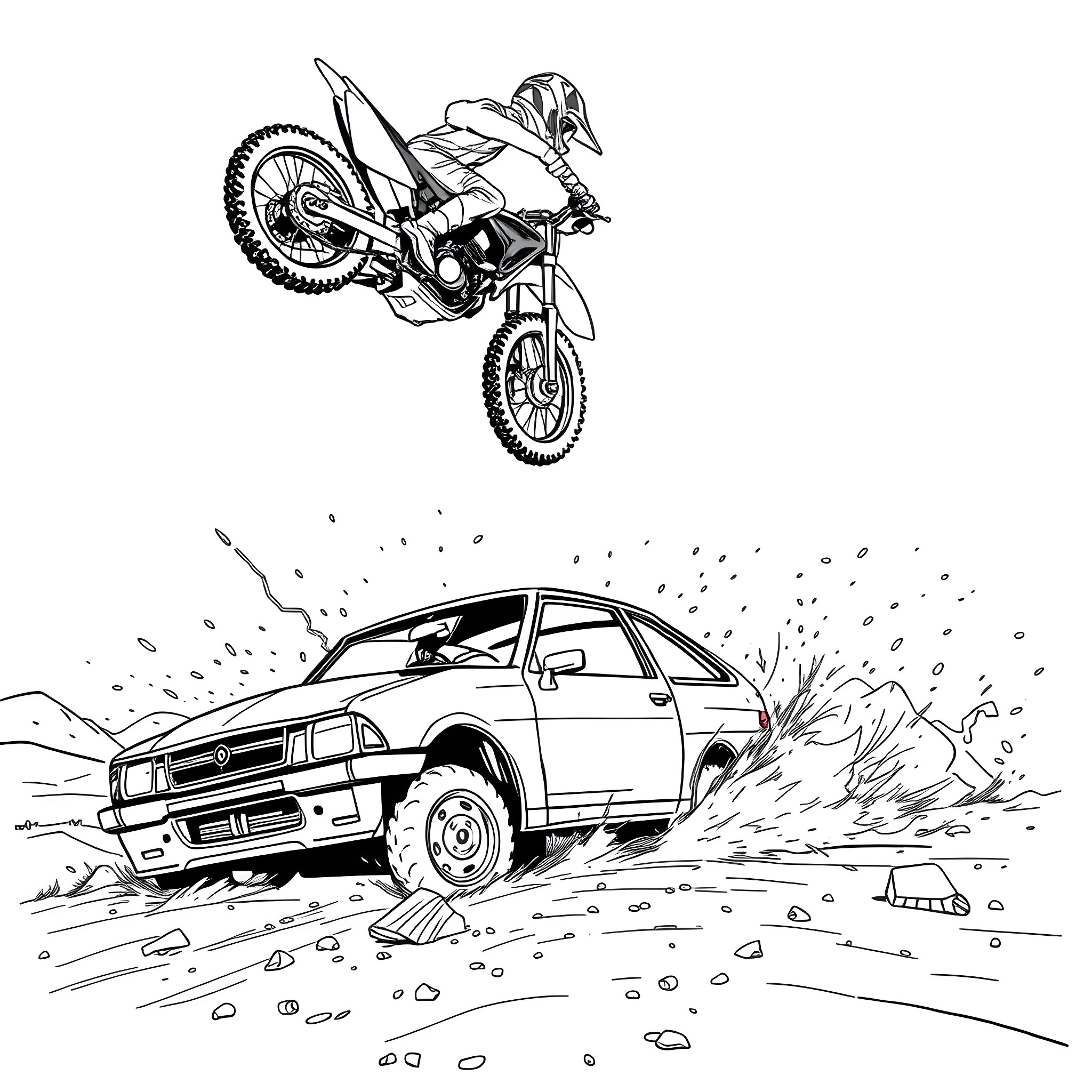 Dirtbike jump over the crashed car Coloring Page (free black-and-white line drawing printable PDF for all, from beginners to advanced learners, including children, teens, adults, and seniors)