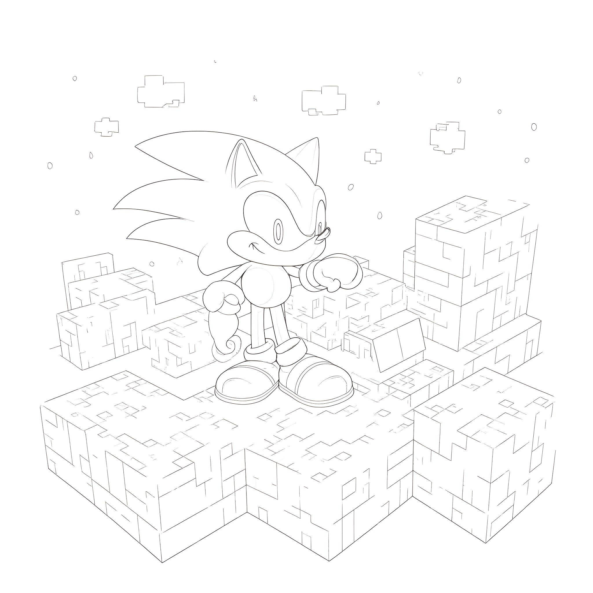 Sonic's Pixelated Adventure Coloring Page (free black-and-white line drawing printable PDF for all, from beginners to advanced learners, including children, teens, adults, and seniors)