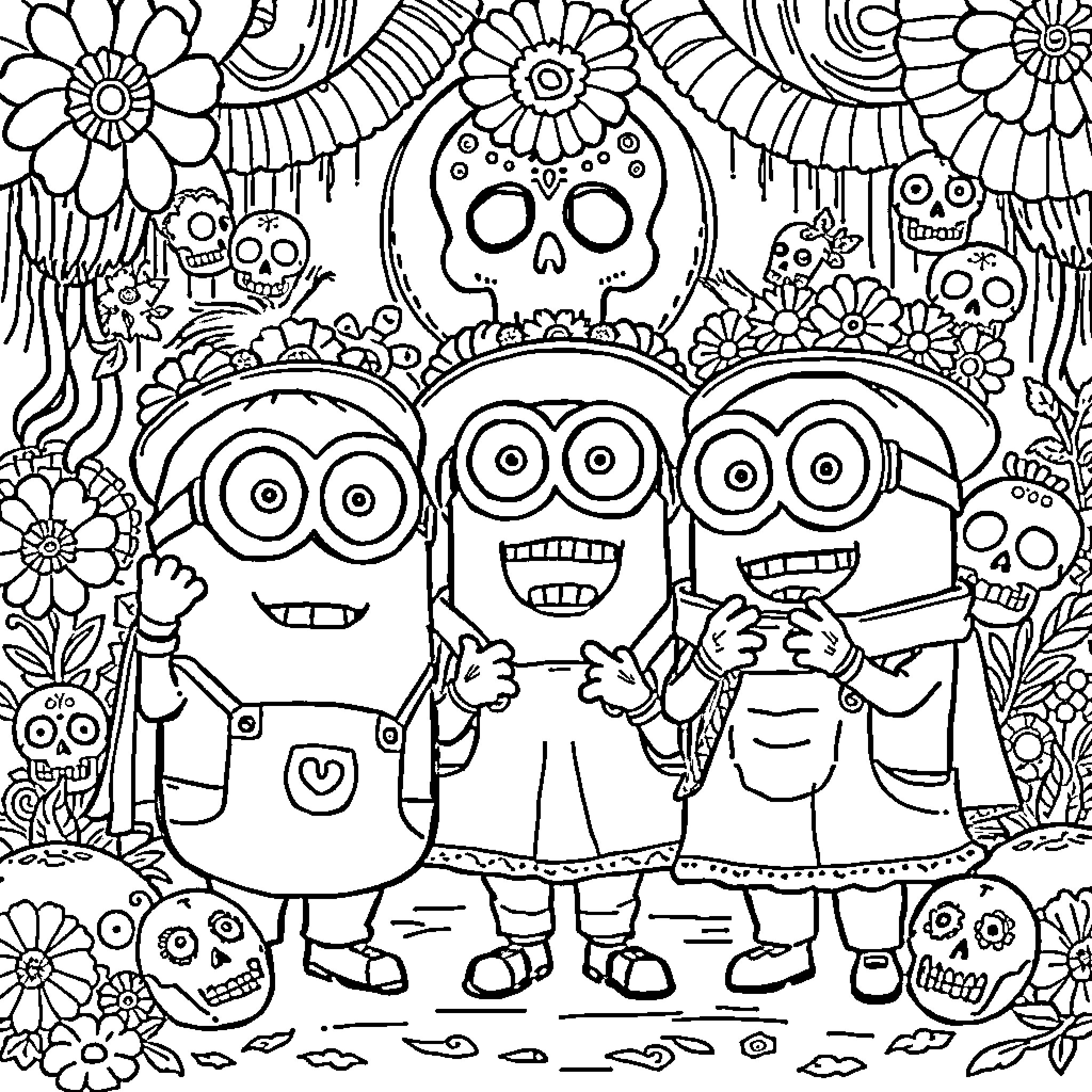 Minions celebrating Day of the Dead with skulls and flowers Coloring Page (free black-and-white line drawing printable PDF for all, from beginners to advanced learners, including children, teens, adults, and seniors)