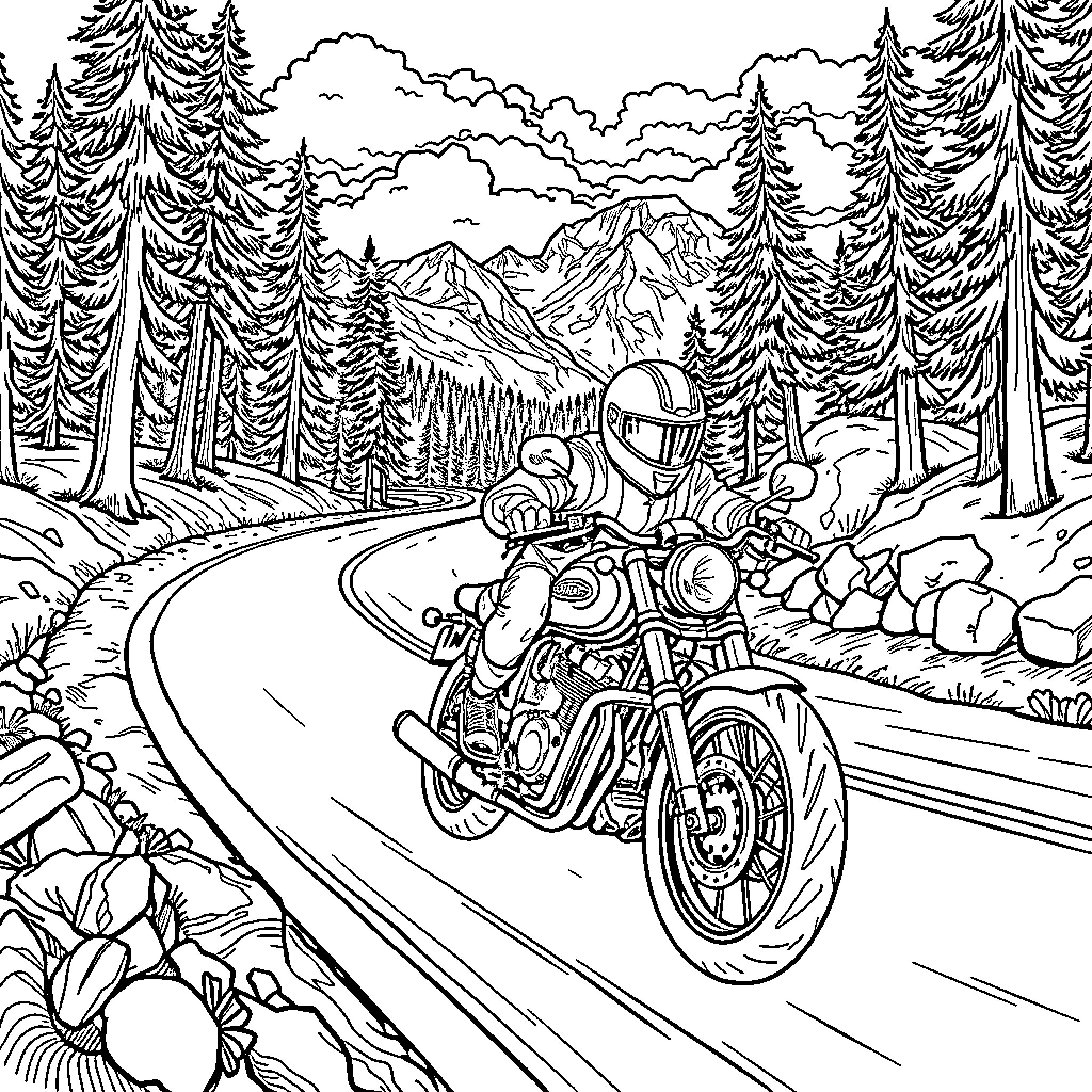 Motorcycle ride through scenic mountain landscape Coloring Page (free black-and-white line drawing printable PDF for all, from beginners to advanced learners, including children, teens, adults, and seniors)