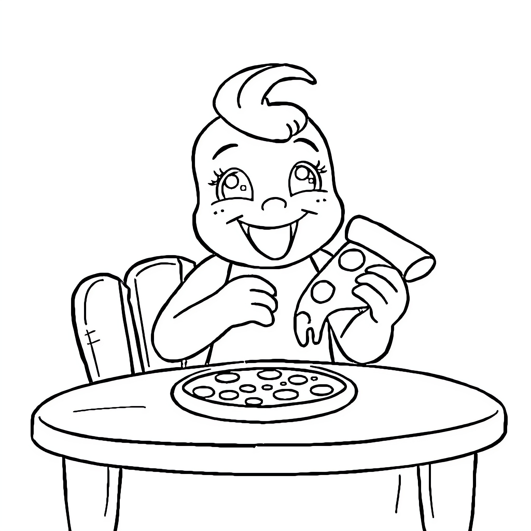 Rainbow Friend enjoying a delicious pizza meal Coloring Page (free black-and-white line drawing printable PDF for all, from beginners to advanced learners, including children, teens, adults, and seniors)