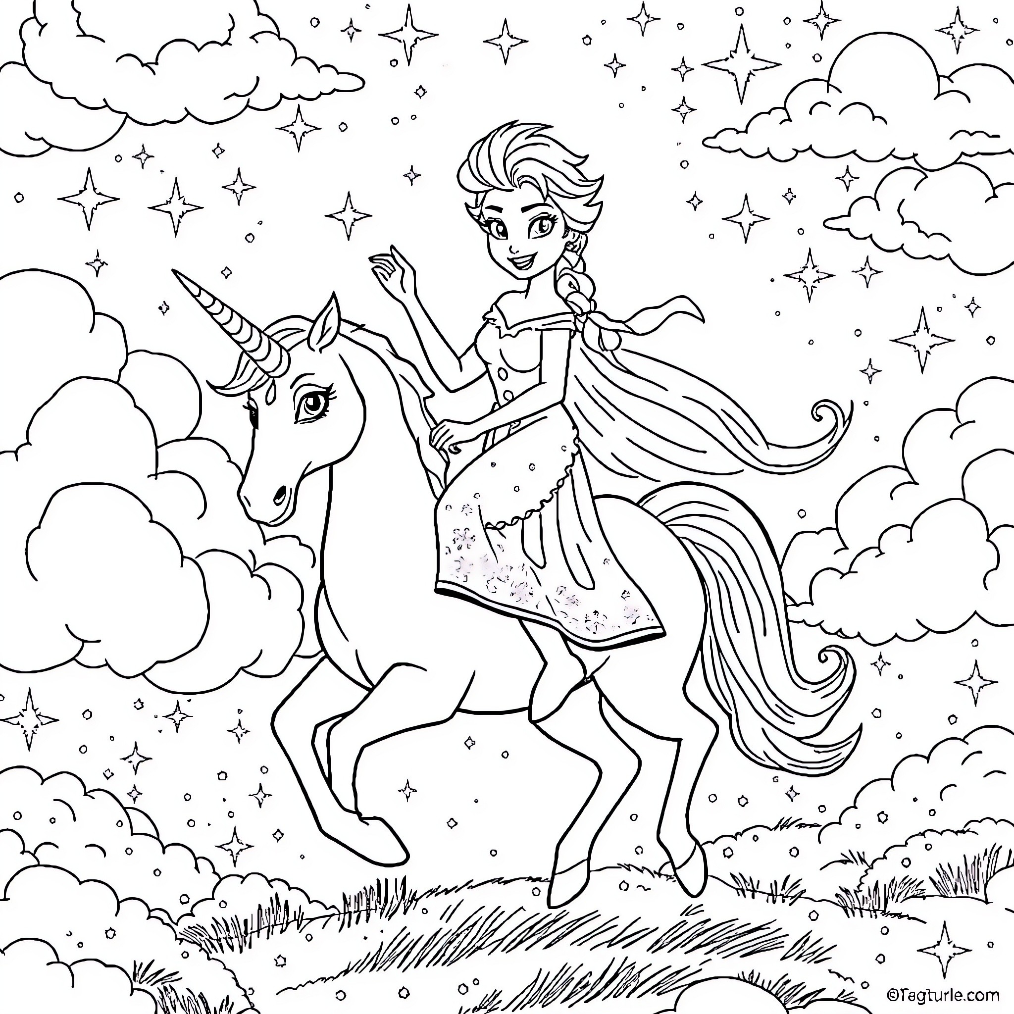 Elsa riding a unicorn through a starry night Coloring Page (free black-and-white line drawing printable PDF for all, from beginners to advanced learners, including children, teens, adults, and seniors)