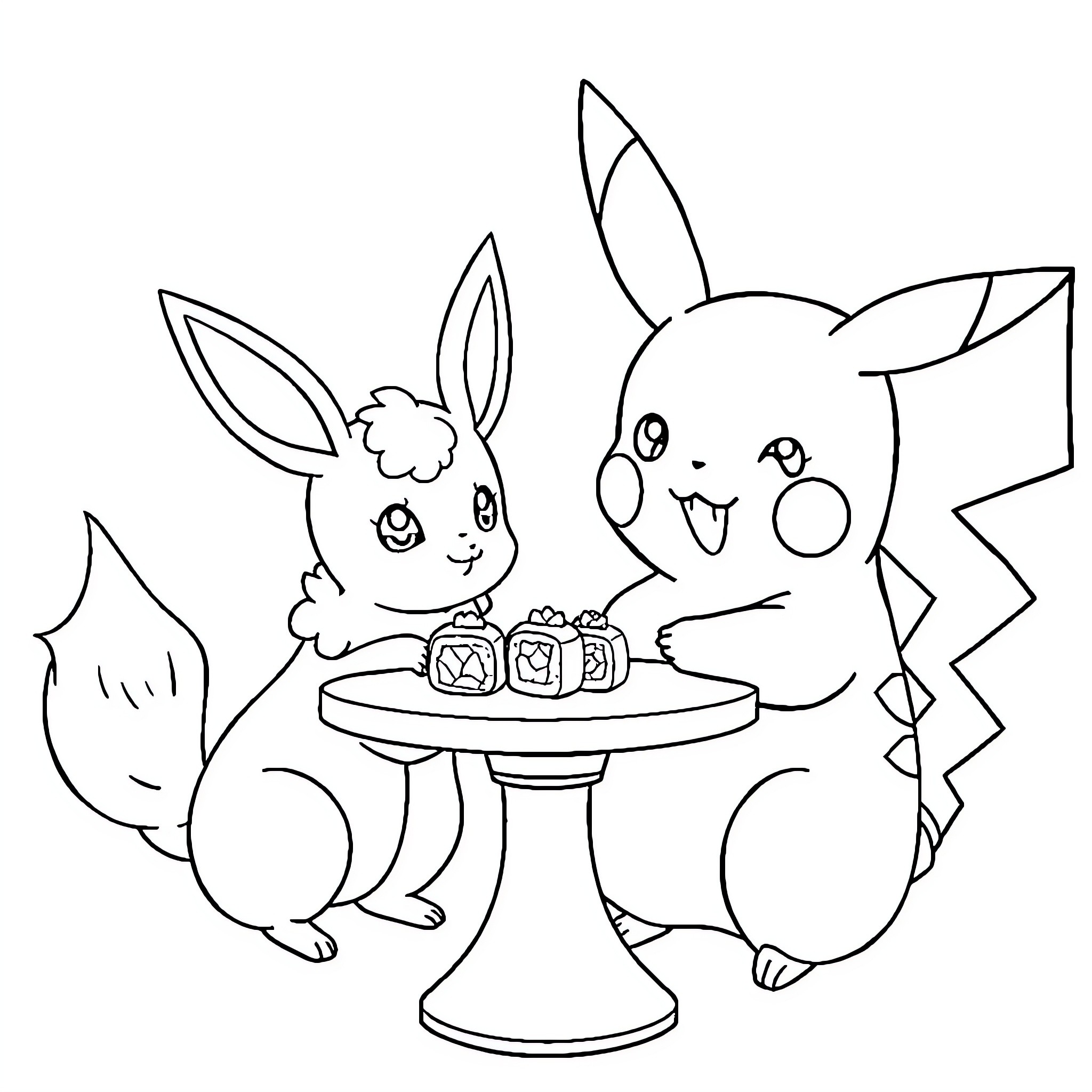 Pikachu enjoying sushi with bunny friend Coloring Page (free black-and-white line drawing printable PDF for all, from beginners to advanced learners, including children, teens, adults, and seniors)
