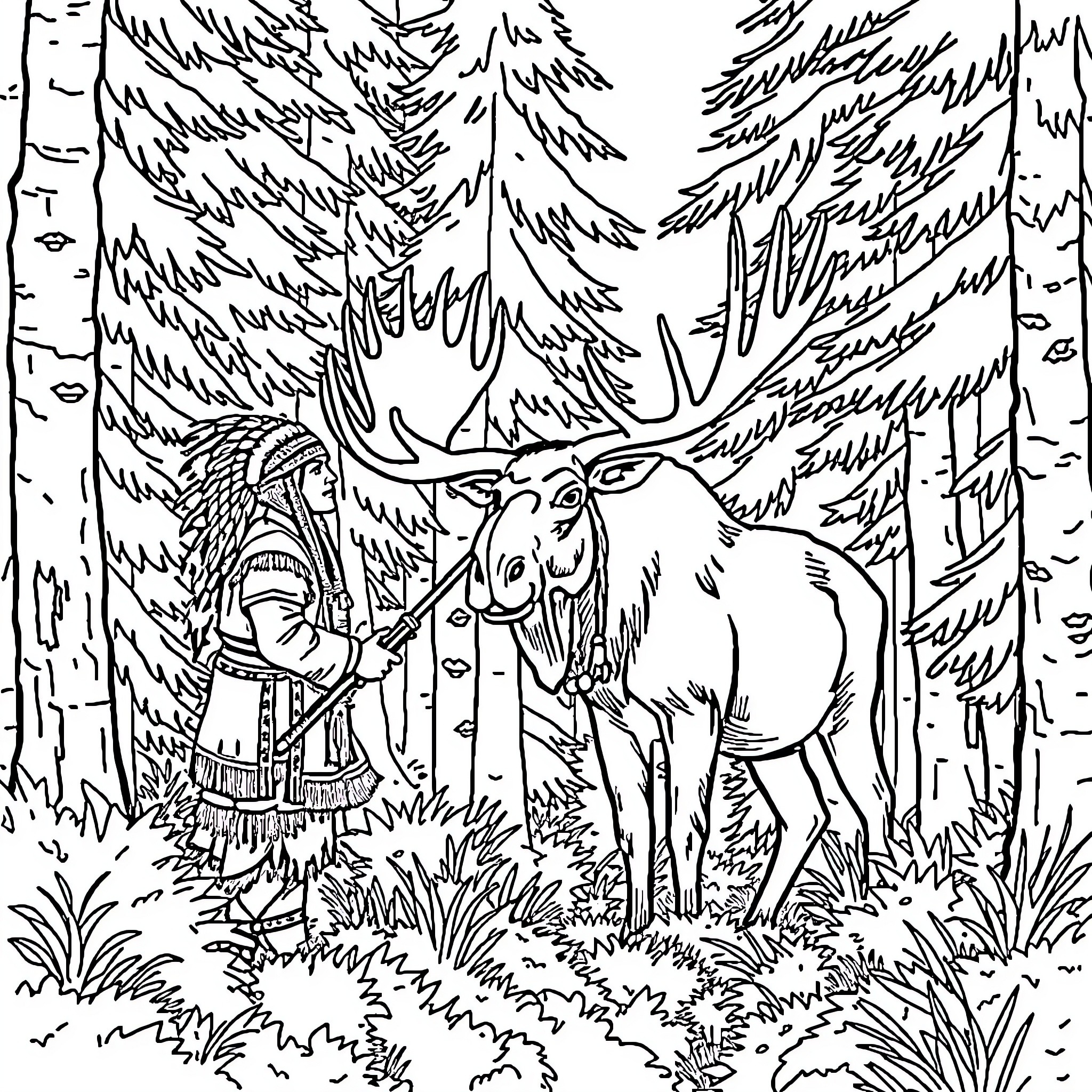Native American interacting with majestic woodland creature Coloring Page (free black-and-white line drawing printable PDF for all, from beginners to advanced learners, including children, teens, adults, and seniors)