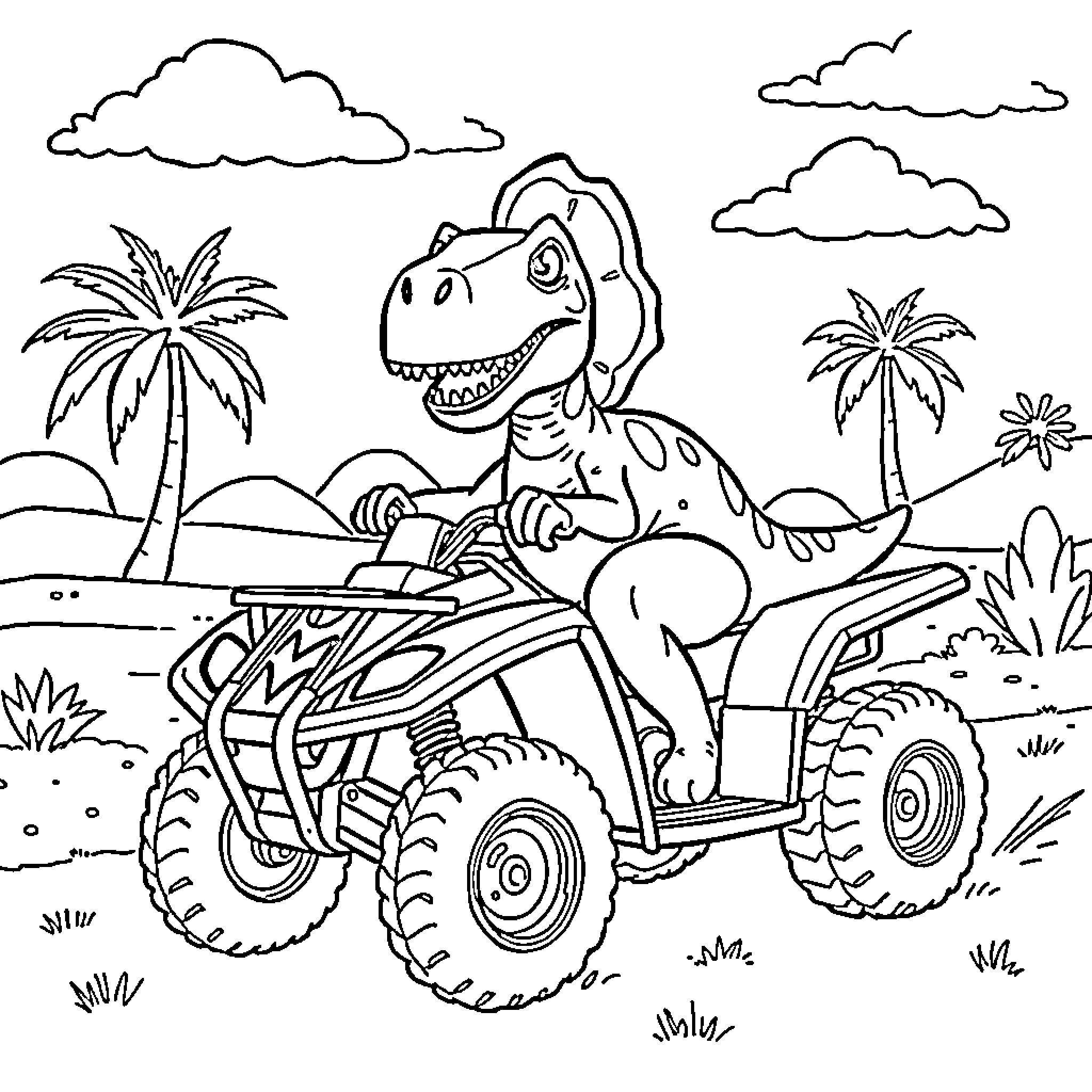 Parasaurolophus riding an ATV in a tropical landscape Coloring Page (free black-and-white line drawing printable PDF for all, from beginners to advanced learners, including children, teens, adults, and seniors)