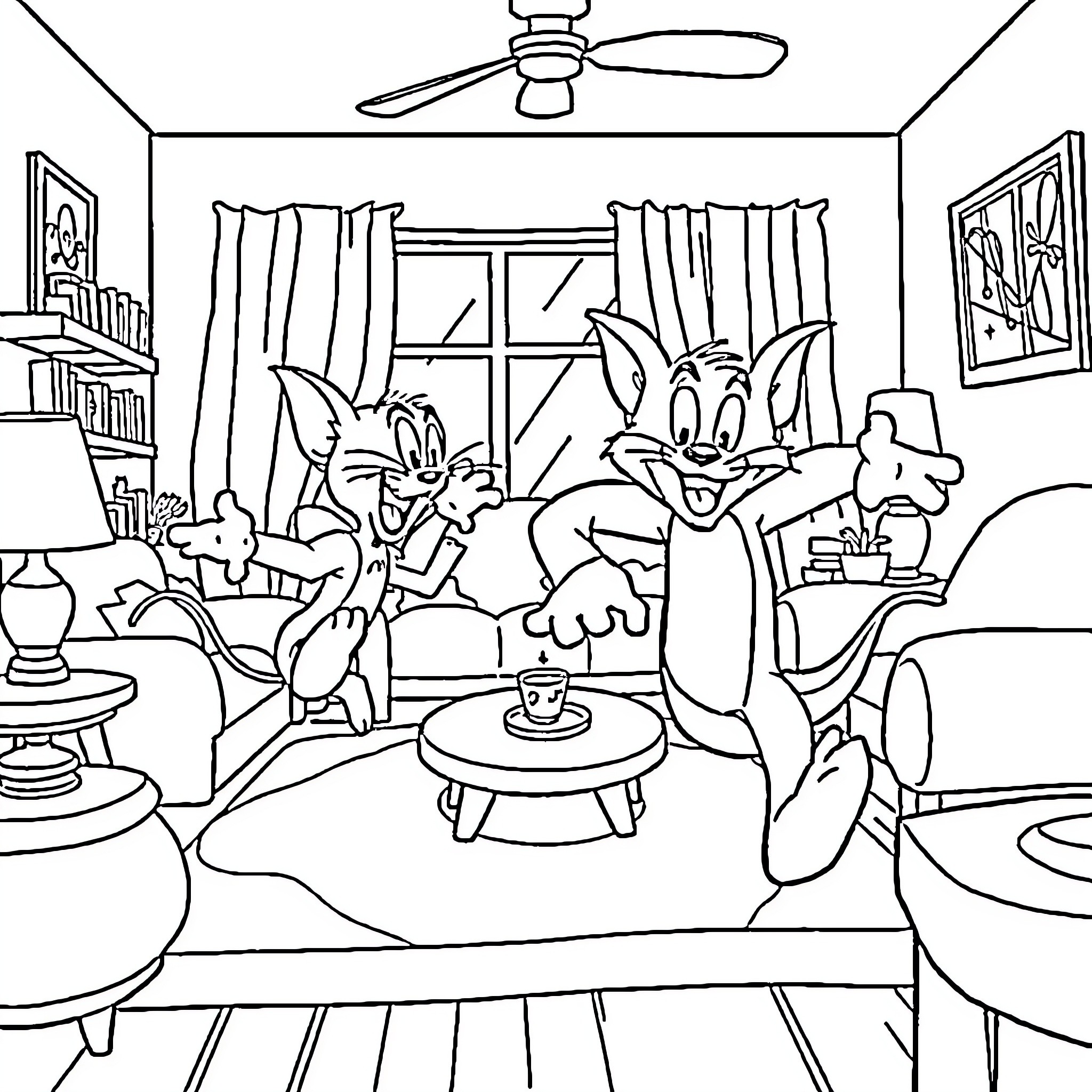 Tom and Jerry's Living Room Adventure Coloring Page (free black-and-white line drawing printable PDF for all, from beginners to advanced learners, including children, teens, adults, and seniors)