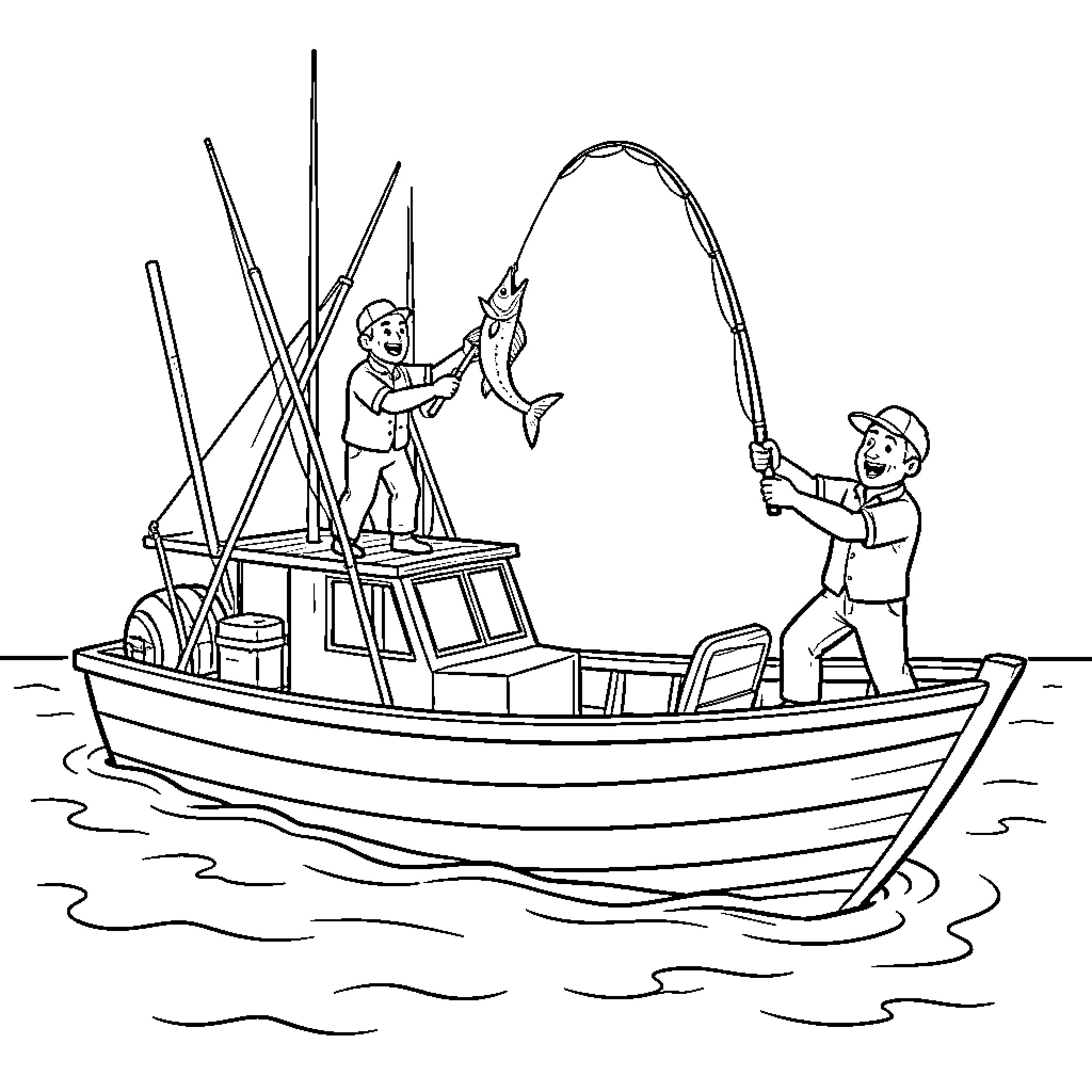Fishing Boat with men catching a large fish Coloring Page (free black-and-white line drawing printable PDF for all, from beginners to advanced learners, including children, teens, adults, and seniors)