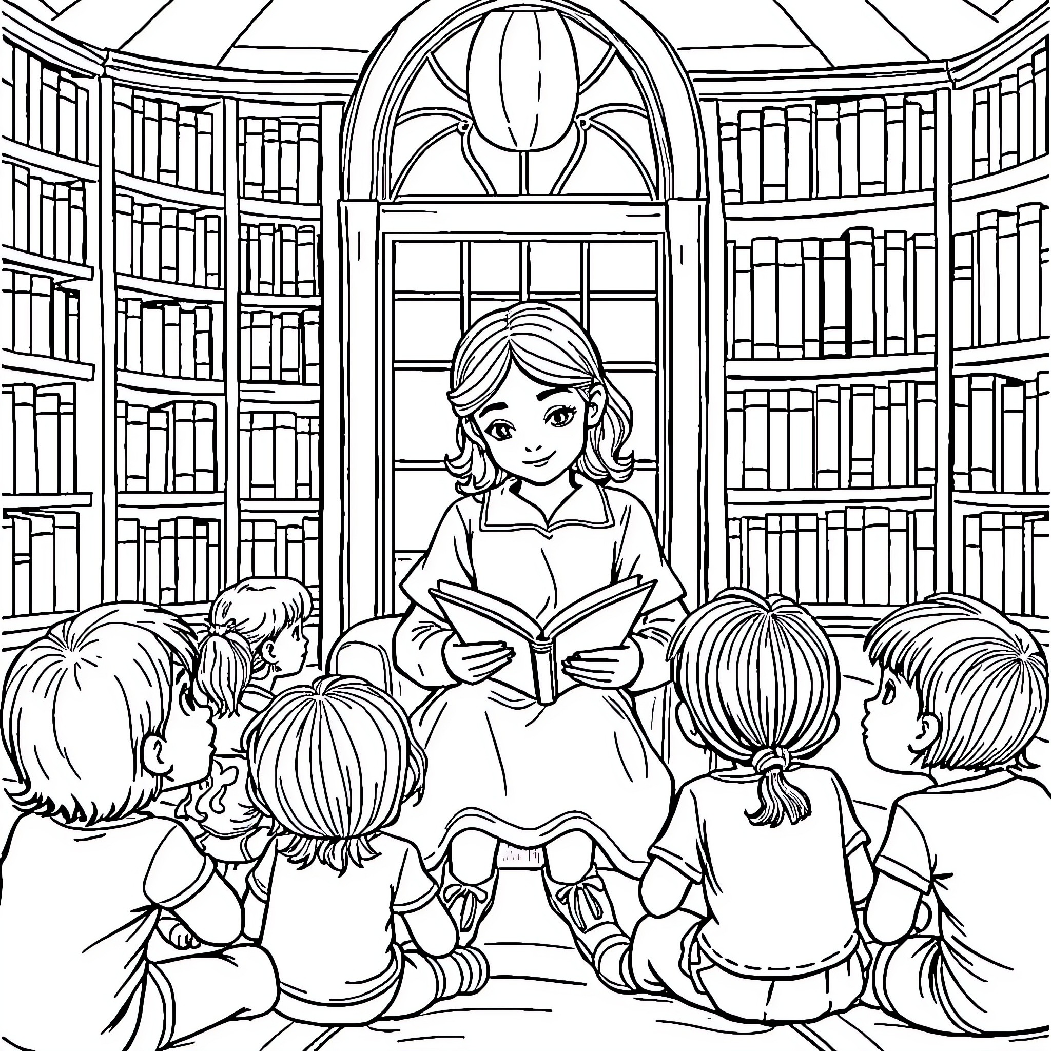 Girl reading book to children in library Coloring Page (free black-and-white line drawing printable PDF for all, from beginners to advanced learners, including children, teens, adults, and seniors)