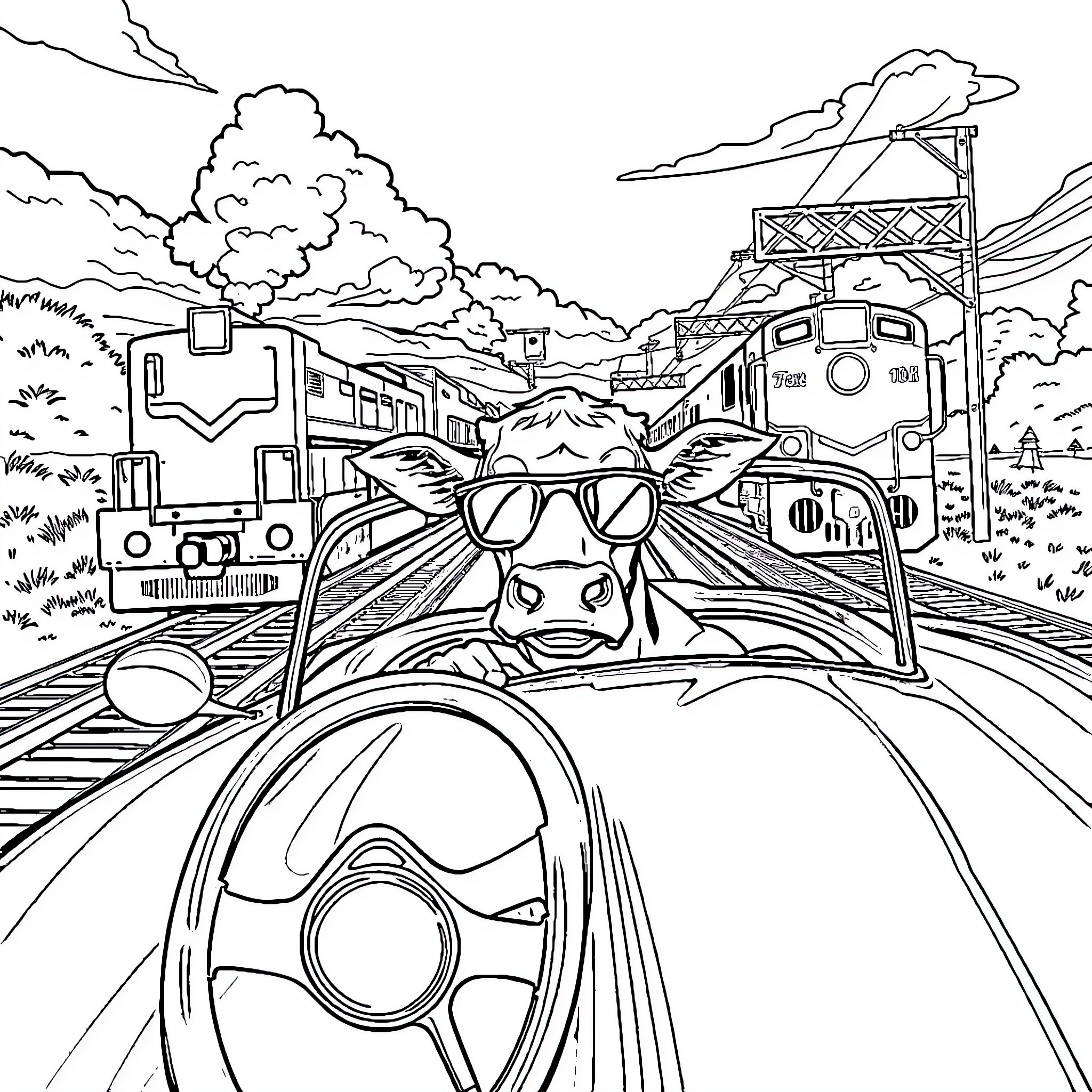 Cow driving a tractor on a rural road Coloring Page (free black-and-white line drawing printable PDF for all, from beginners to advanced learners, including children, teens, adults, and seniors)