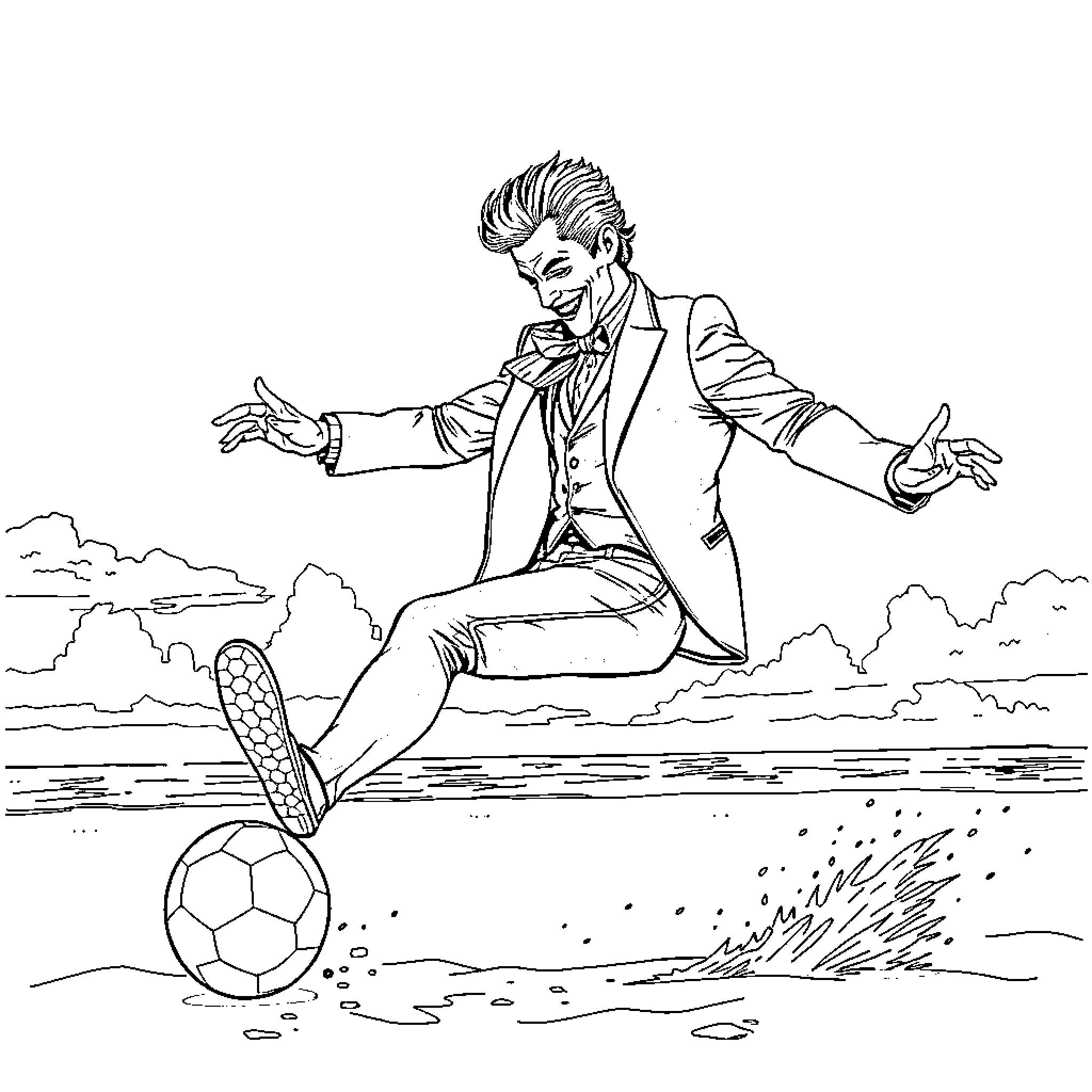 Joker kicks soccer ball in animated scene Coloring Page (free black-and-white line drawing printable PDF for all, from beginners to advanced learners, including children, teens, adults, and seniors)