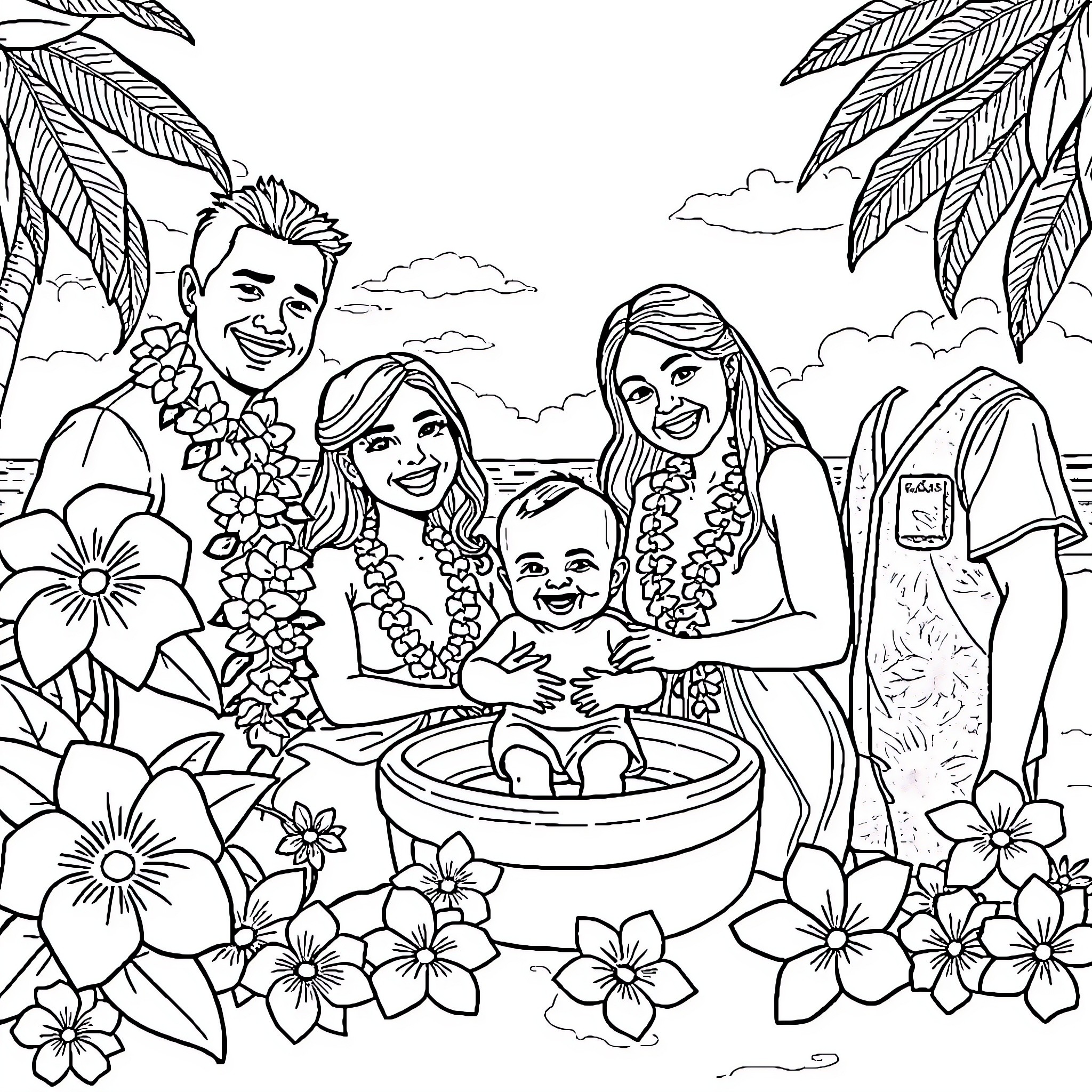 Baby Enjoying Family Fun in Tropical Oasis Coloring Page (free black-and-white line drawing printable PDF for all, from beginners to advanced learners, including children, teens, adults, and seniors)