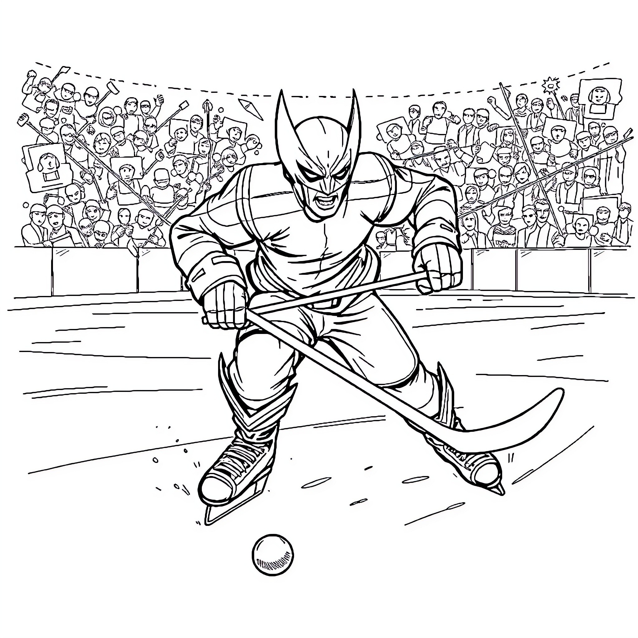Wolverine sprinting on ice in hockey arena Coloring Page (free black-and-white line drawing printable PDF for all, from beginners to advanced learners, including children, teens, adults, and seniors)