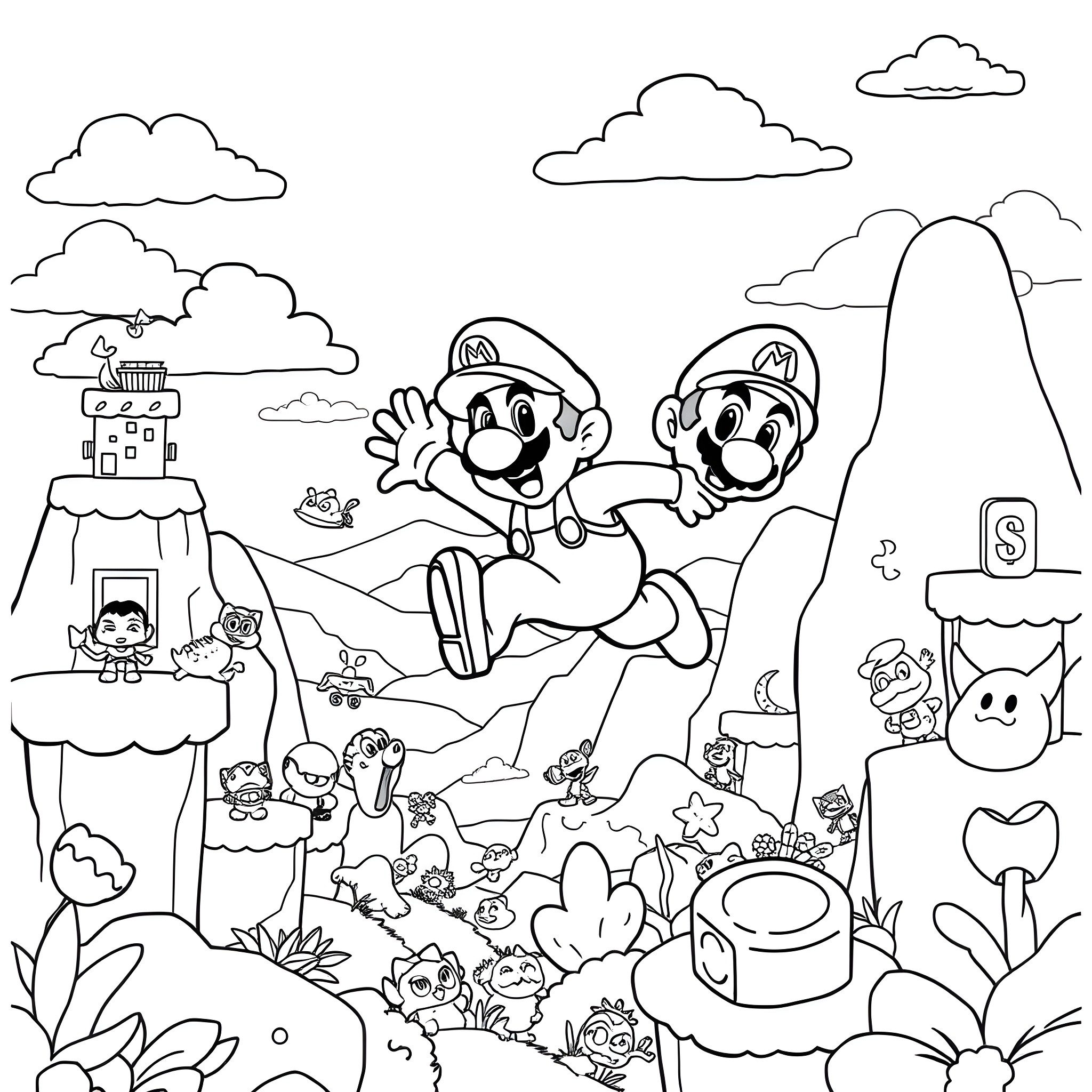 Super Mario's Adventurous Outdoor Exploration Coloring Page (free black-and-white line drawing printable PDF for all, from beginners to advanced learners, including children, teens, adults, and seniors)