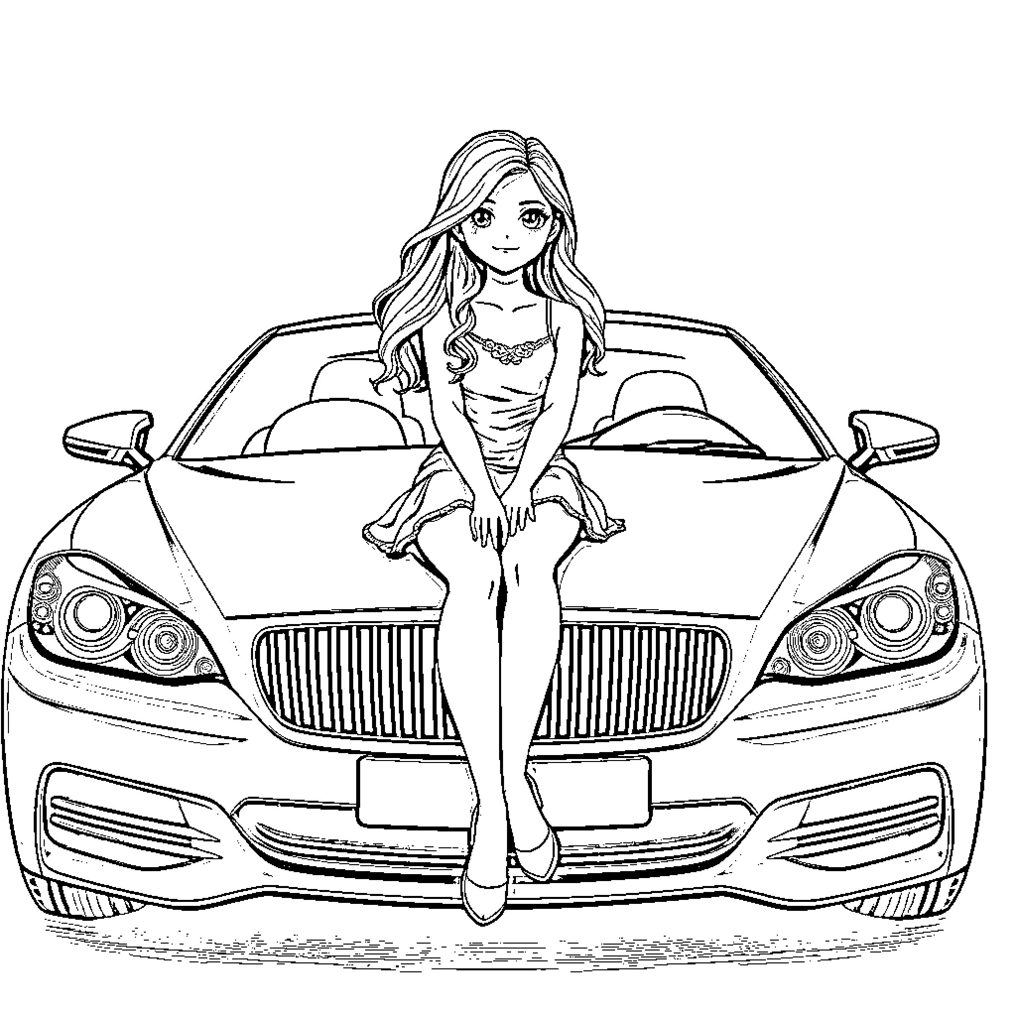 Girl posing confidently on luxury sports car Coloring Page (free black-and-white line drawing printable PDF for all, from beginners to advanced learners, including children, teens, adults, and seniors)