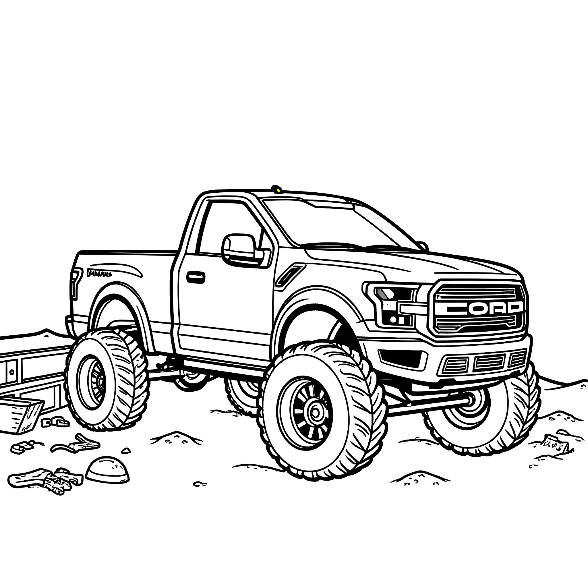 Pickup Truck off-roading on rocky terrain Coloring Page (free black-and-white line drawing printable PDF for all, from beginners to advanced learners, including children, teens, adults, and seniors)