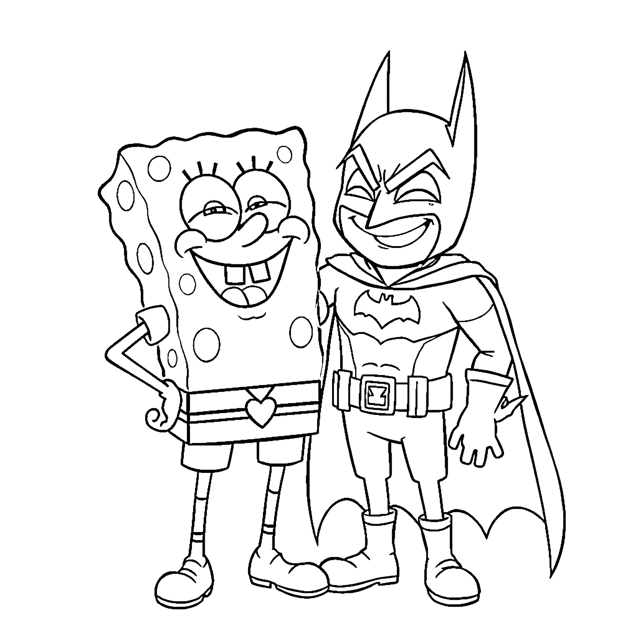 Spongebob and Batman in a humorous pose Coloring Page (free black-and-white line drawing printable PDF for all, from beginners to advanced learners, including children, teens, adults, and seniors)