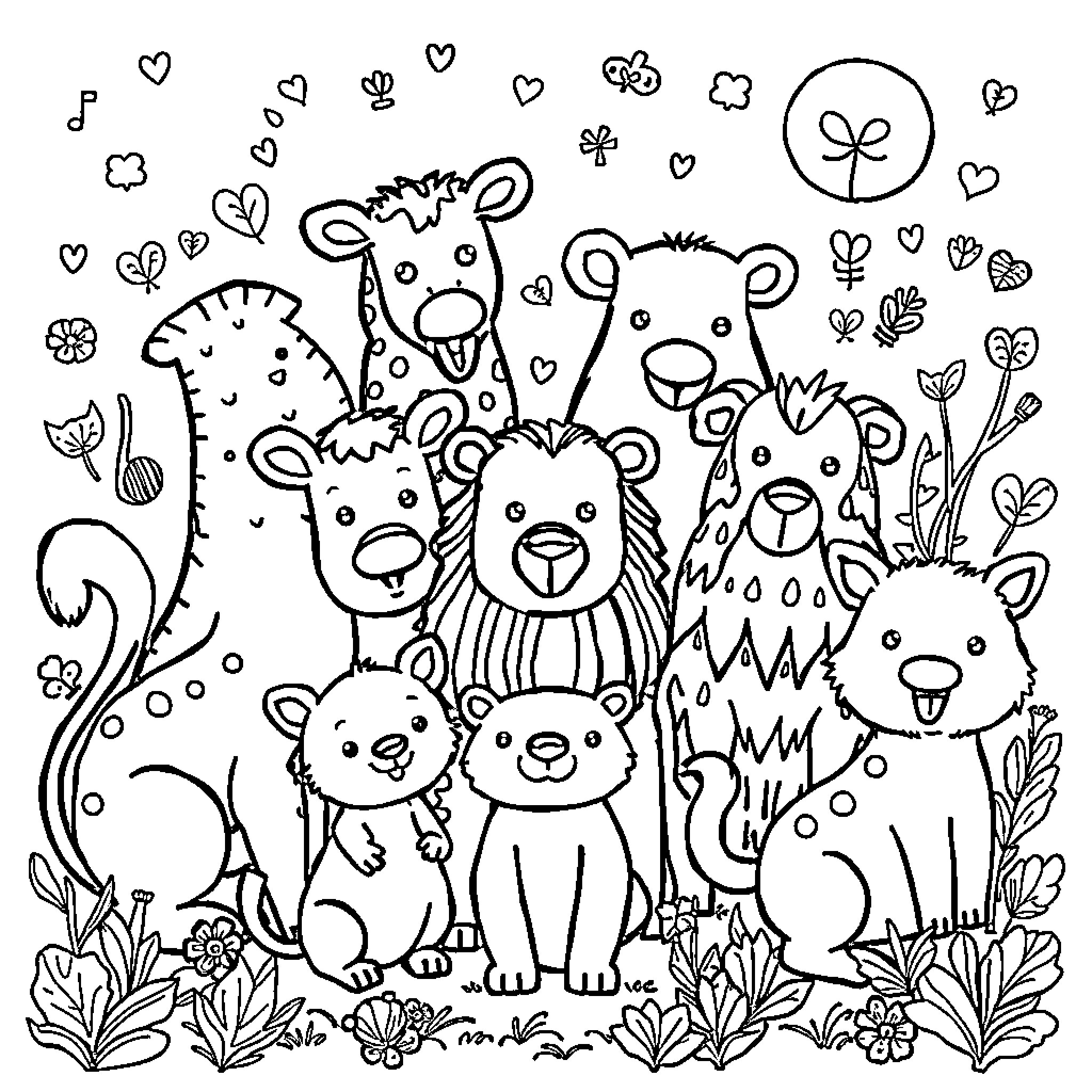 Animal Cartoon Characters Gathered in Floral Scene Coloring Page (free black-and-white line drawing printable PDF for all, from beginners to advanced learners, including children, teens, adults, and seniors)