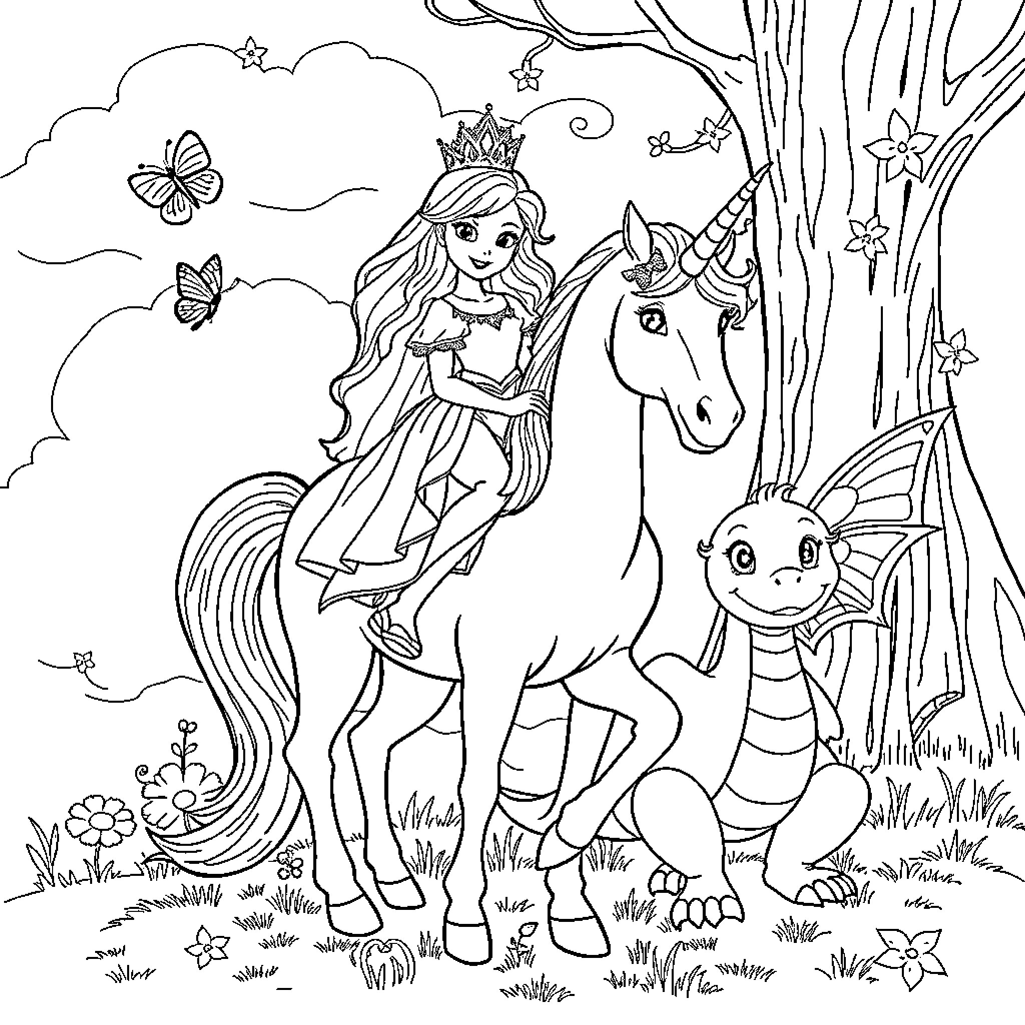 Princess on a Magical Horseback Adventure Coloring Page (free black-and-white line drawing printable PDF for all, from beginners to advanced learners, including children, teens, adults, and seniors)