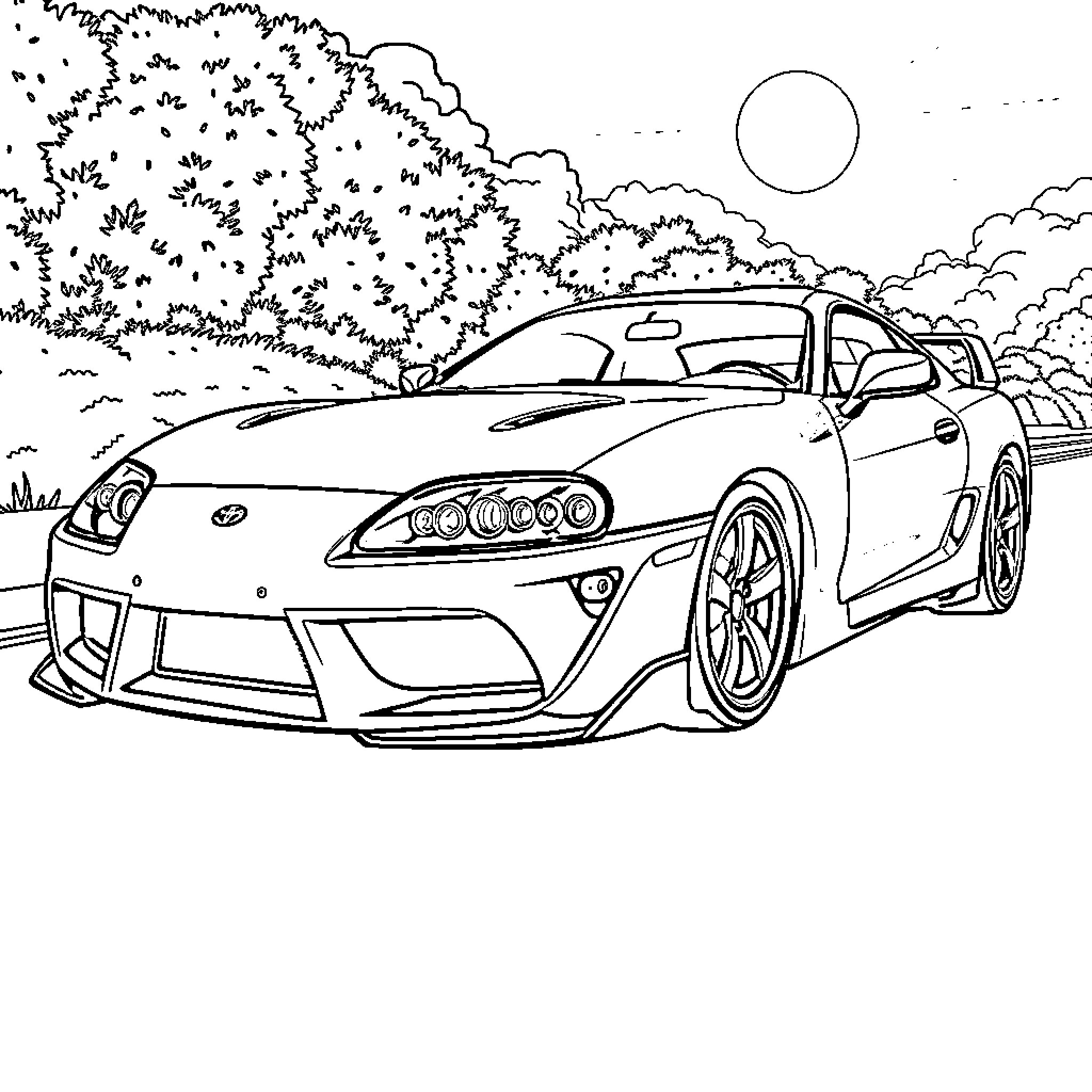 Toyota Supra cruising through scenic countryside Coloring Page (free black-and-white line drawing printable PDF for all, from beginners to advanced learners, including children, teens, adults, and seniors)