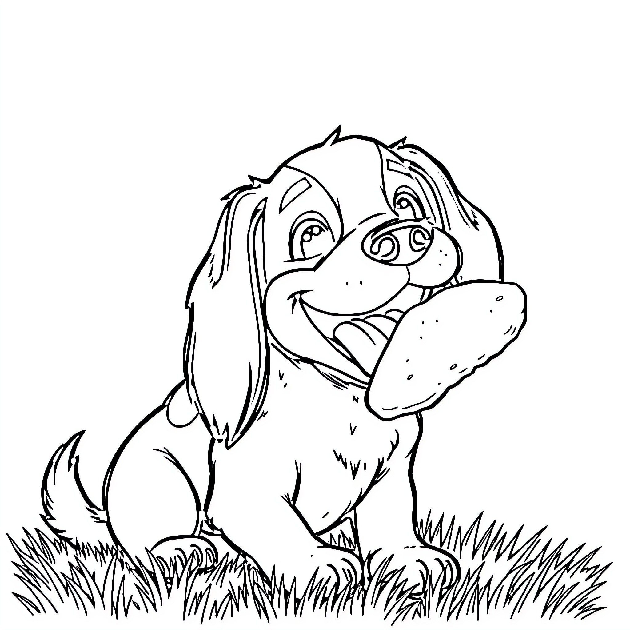 Dog playing happily in the grass Coloring Page (free black-and-white line drawing printable PDF for all, from beginners to advanced learners, including children, teens, adults, and seniors)