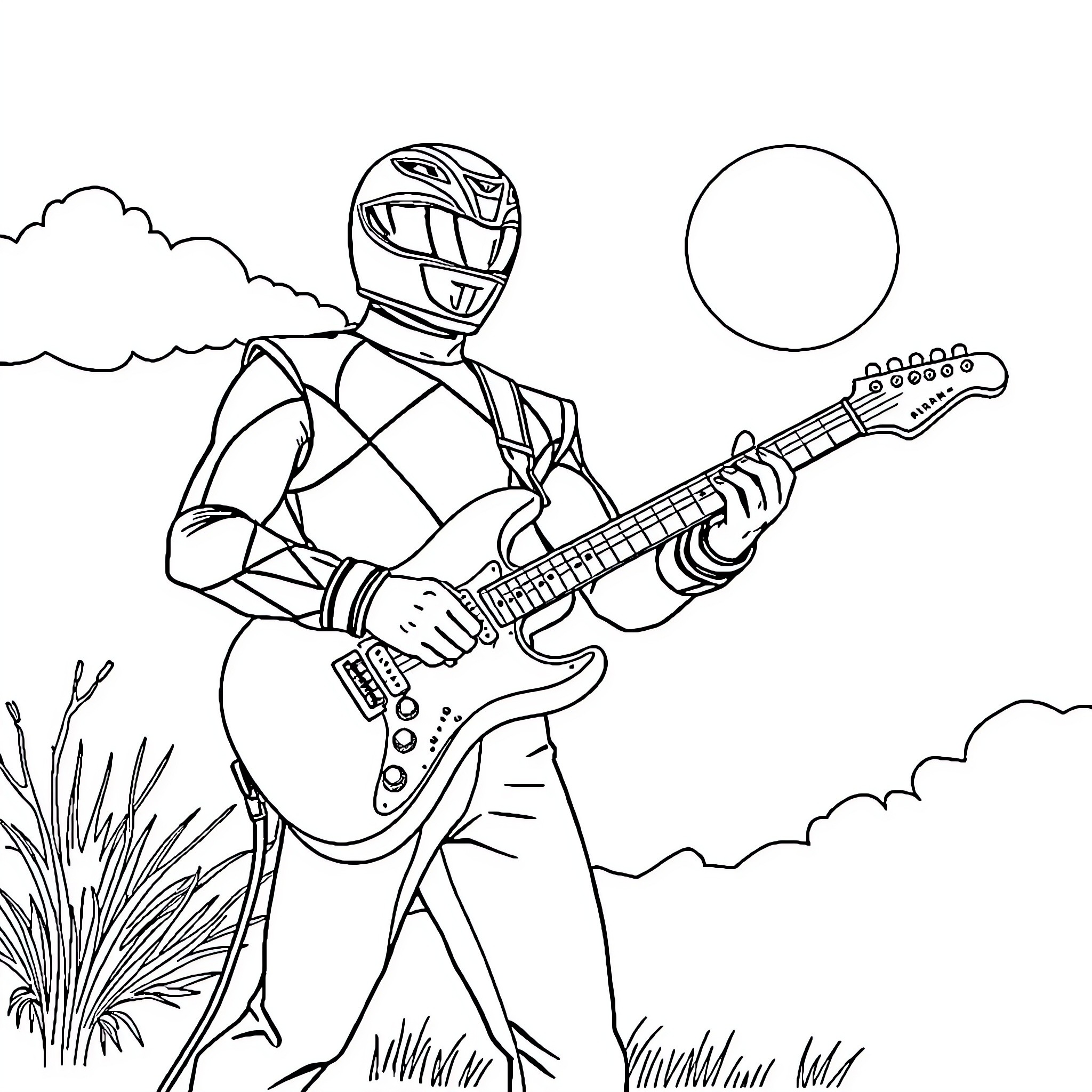 Power Ranger Playing Guitar in the Outdoors Coloring Page (free black-and-white line drawing printable PDF for all, from beginners to advanced learners, including children, teens, adults, and seniors)