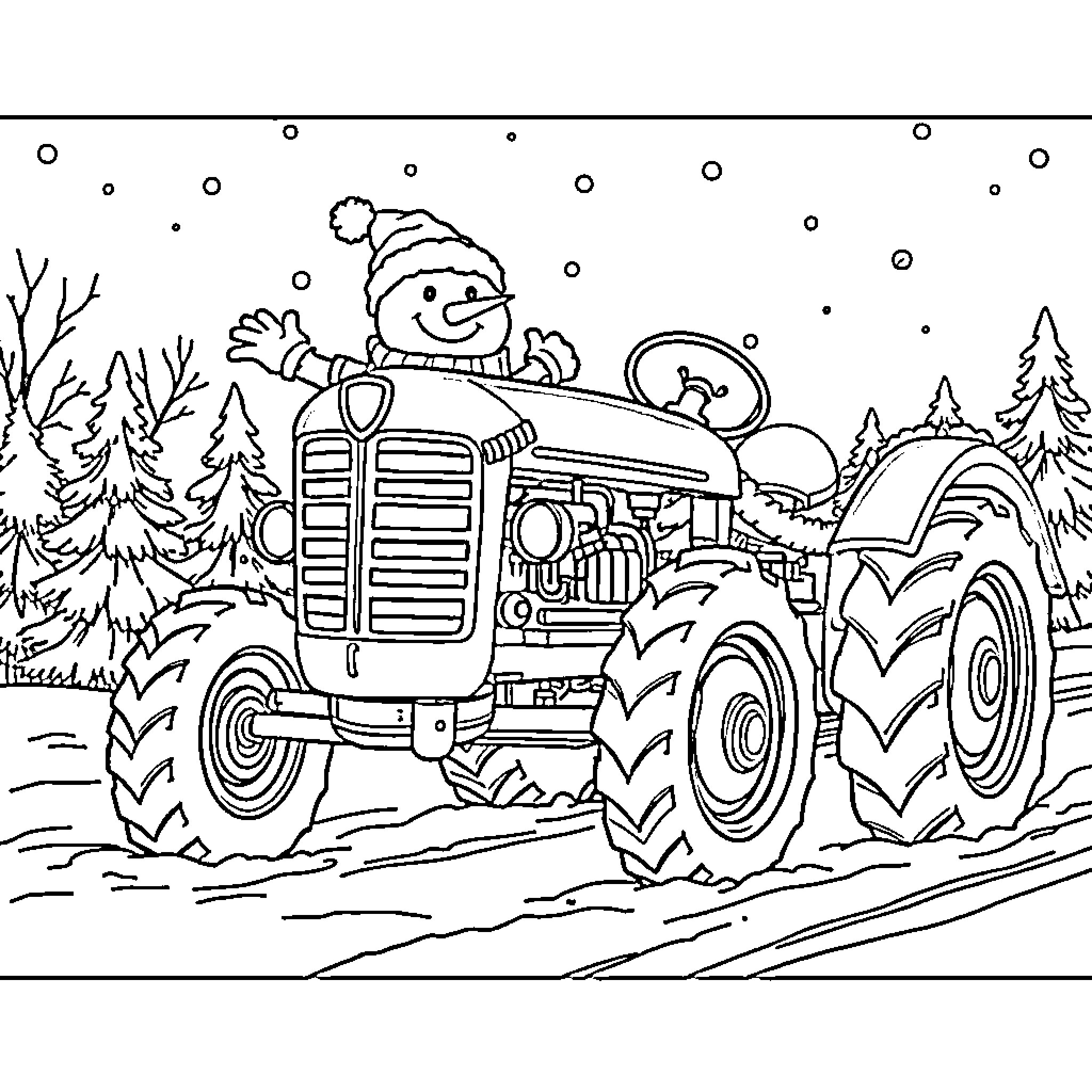 Tractor driving through snowy winter landscape Coloring Page (free black-and-white line drawing printable PDF for all, from beginners to advanced learners, including children, teens, adults, and seniors)