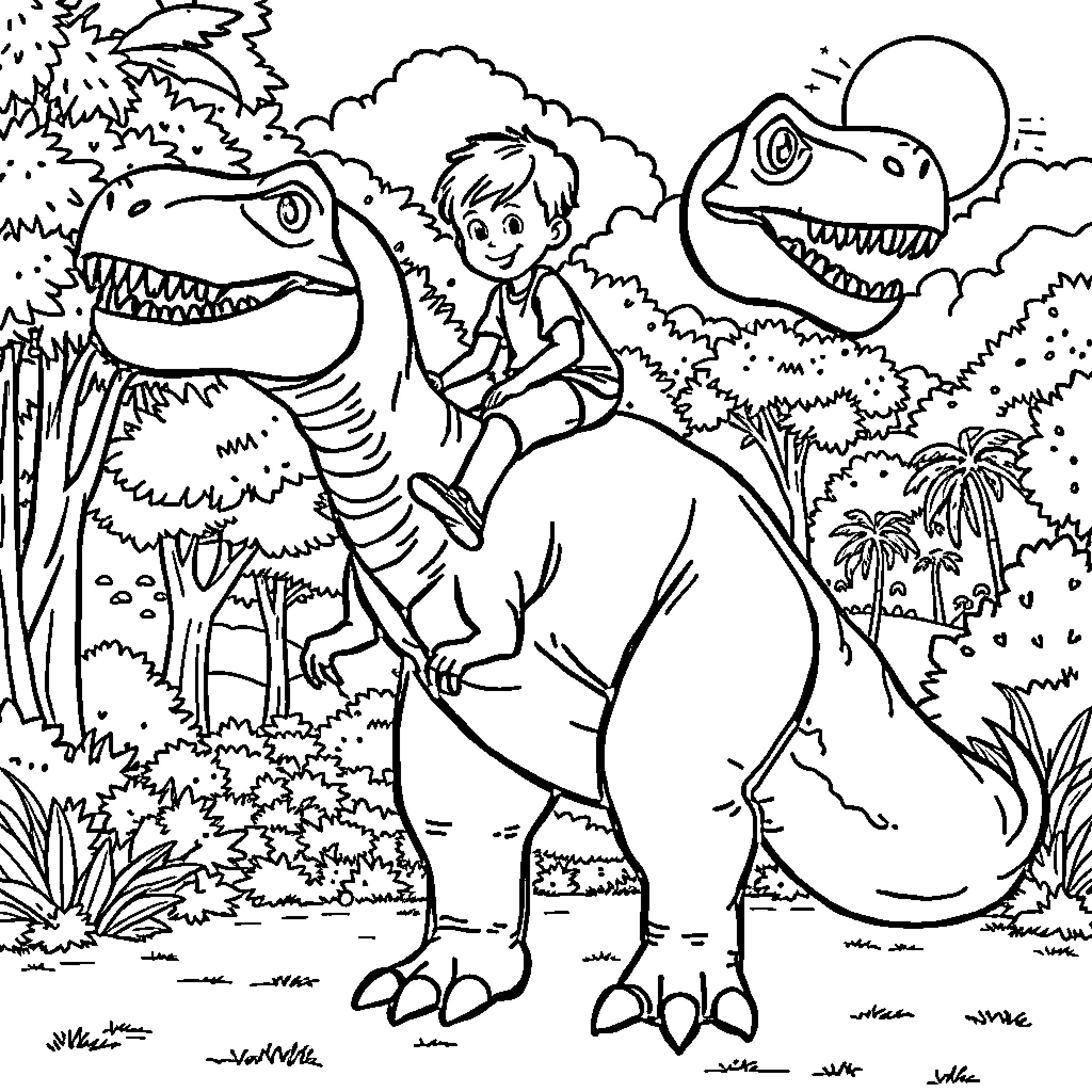 Boy riding on a dinosaur in the jungle Coloring Page (free black-and-white line drawing printable PDF for all, from beginners to advanced learners, including children, teens, adults, and seniors)