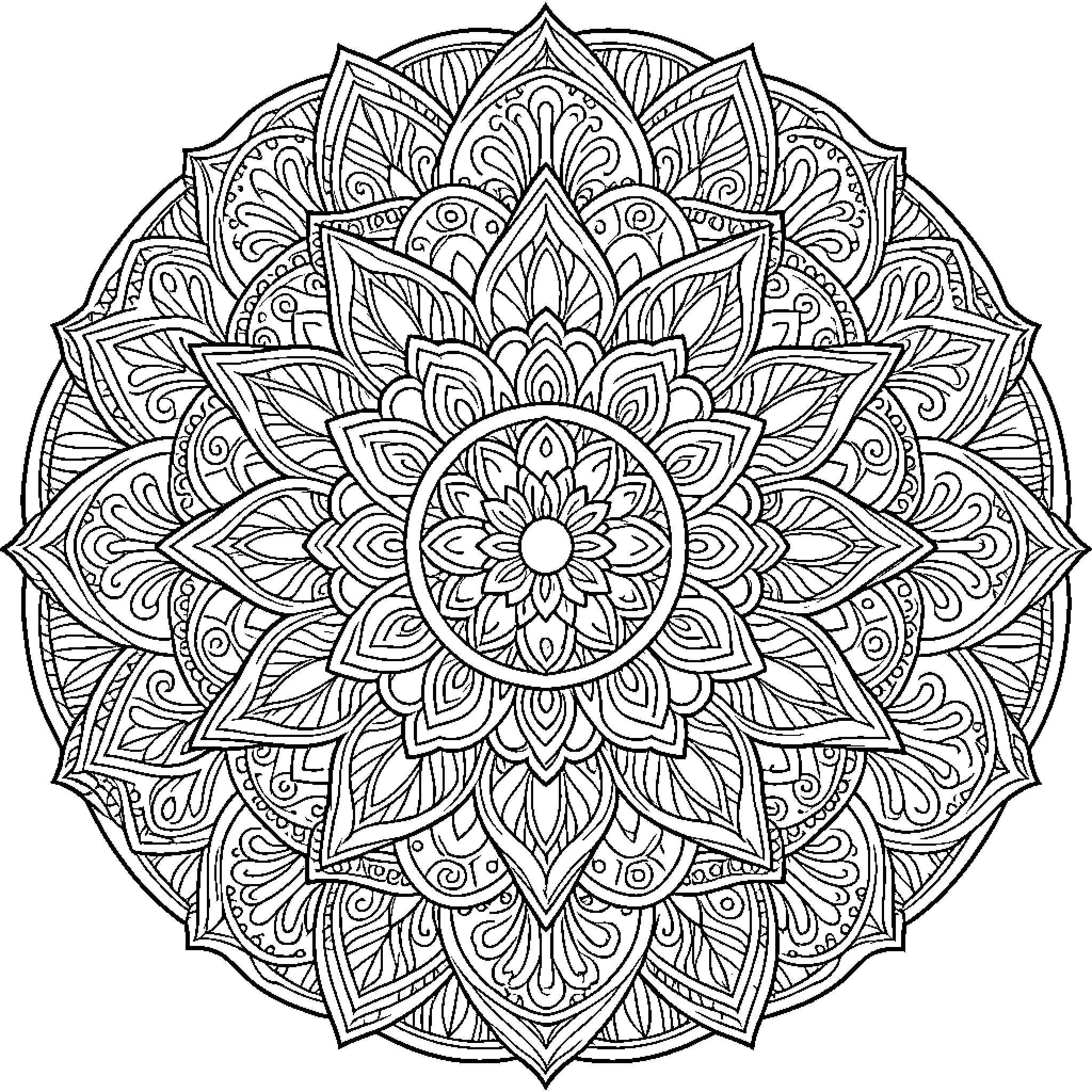 Mandala of intricate floral designs Coloring Page (free black-and-white line drawing printable PDF for all, from beginners to advanced learners, including children, teens, adults, and seniors)