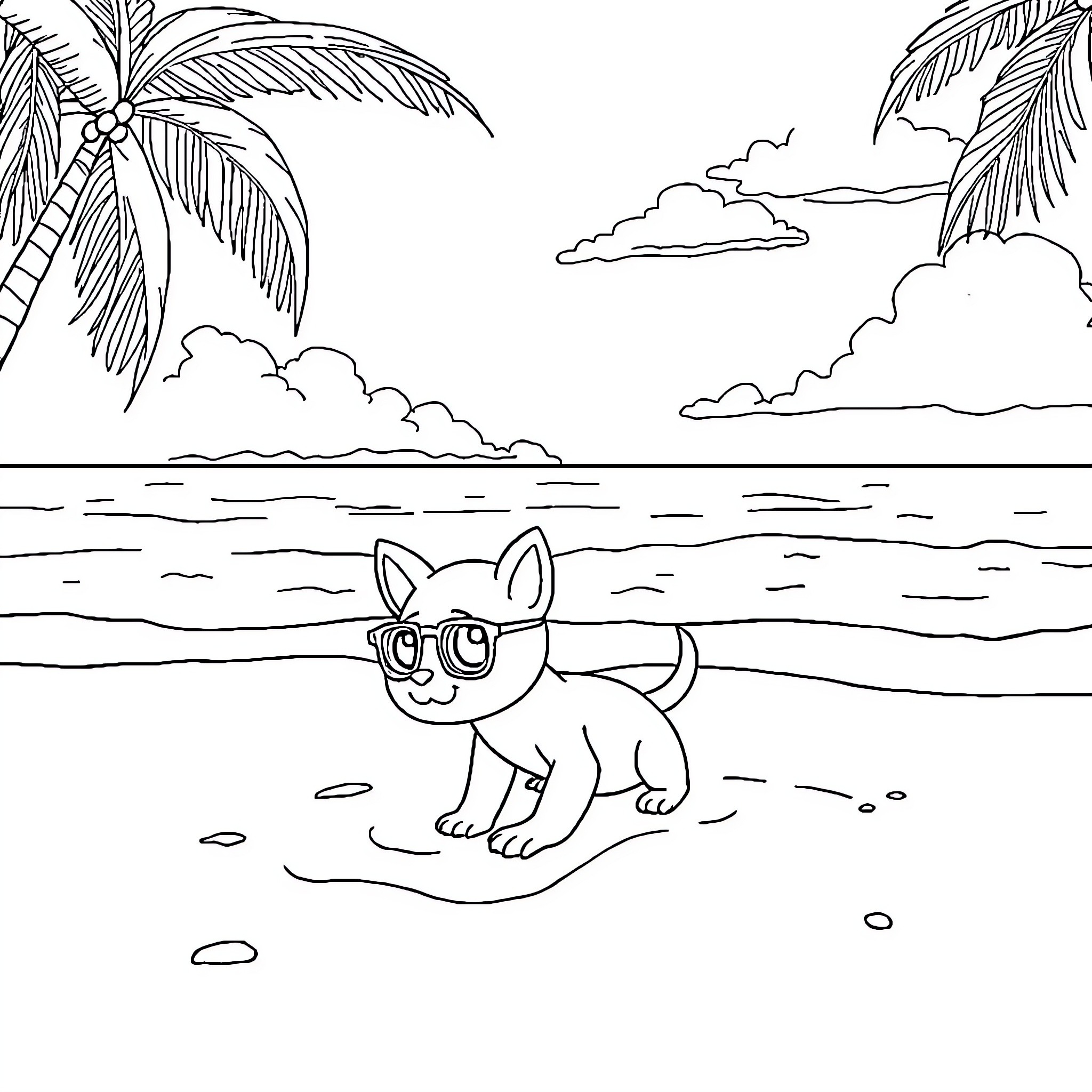 Sprunky the Playful Pup on the Beach Coloring Page (free black-and-white line drawing printable PDF for all, from beginners to advanced learners, including children, teens, adults, and seniors)