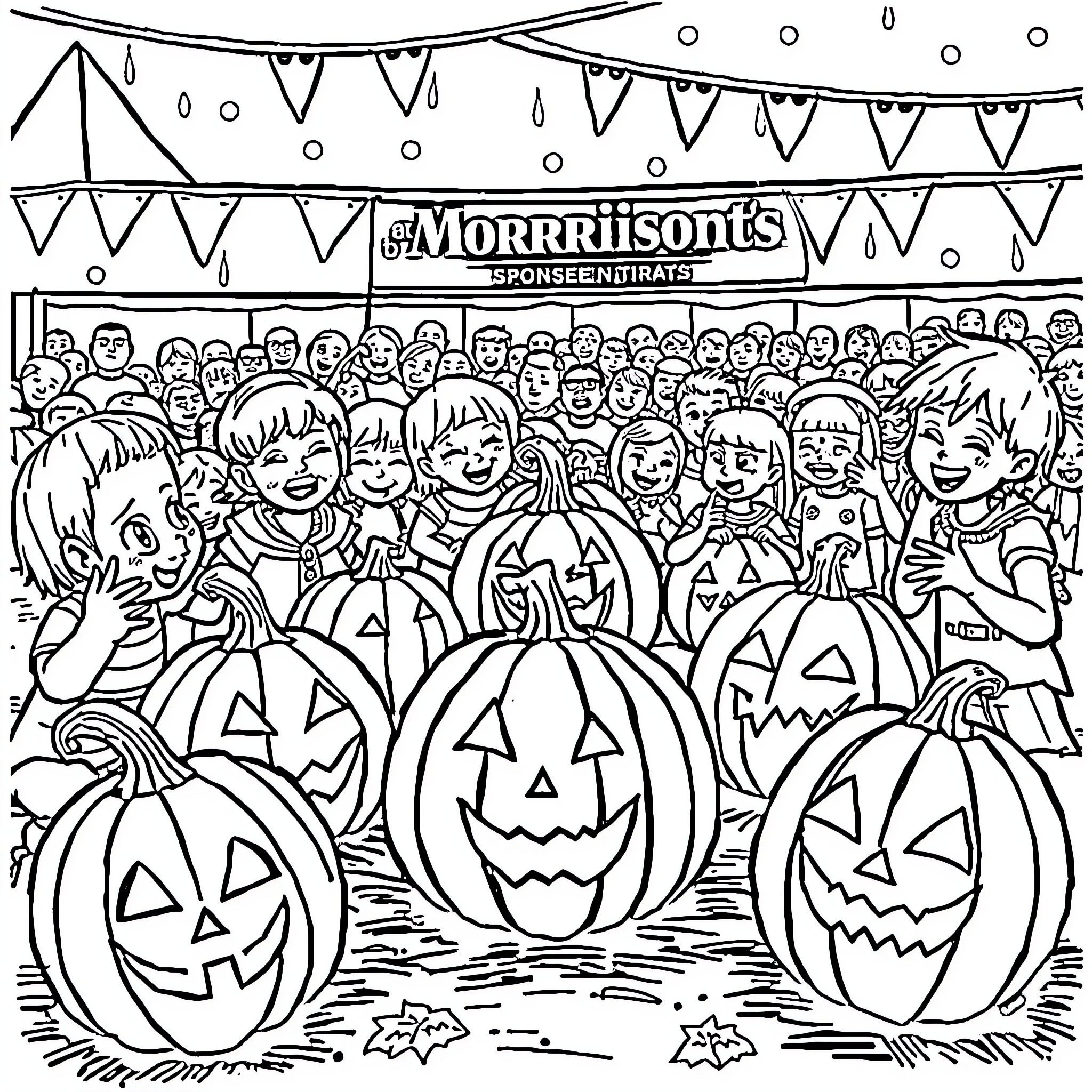 Pumpkins and costumed people at a Halloween festival Coloring Page (free black-and-white line drawing printable PDF for all, from beginners to advanced learners, including children, teens, adults, and seniors)