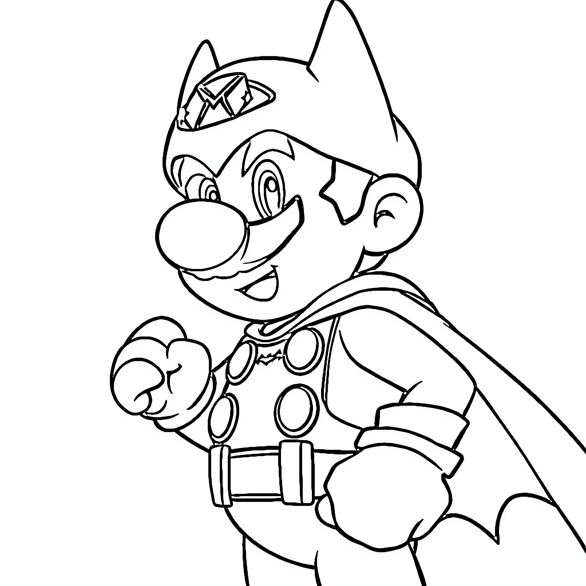 Mario in Heroic Pose Coloring Page (free black-and-white line drawing printable PDF for all, from beginners to advanced learners, including children, teens, adults, and seniors)