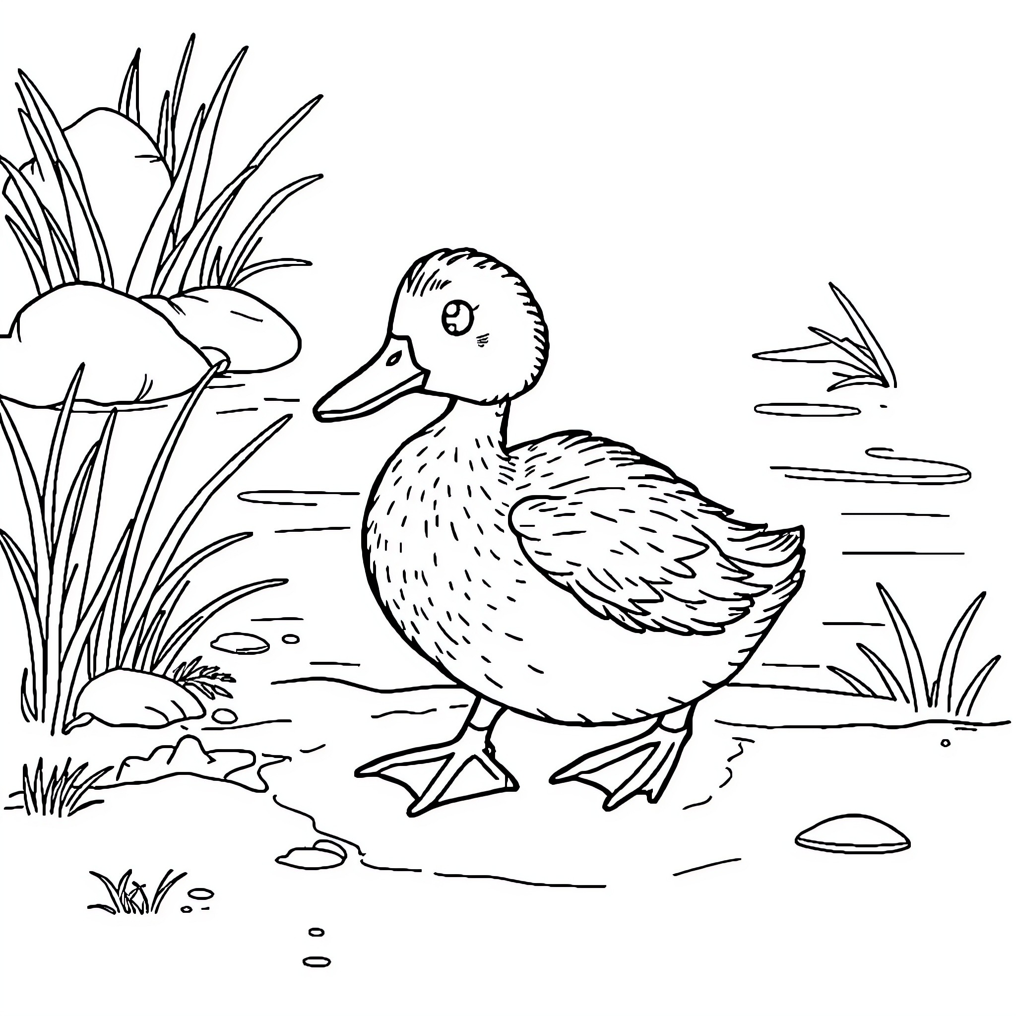Duck exploring peaceful pond scene Coloring Page (free black-and-white line drawing printable PDF for all, from beginners to advanced learners, including children, teens, adults, and seniors)