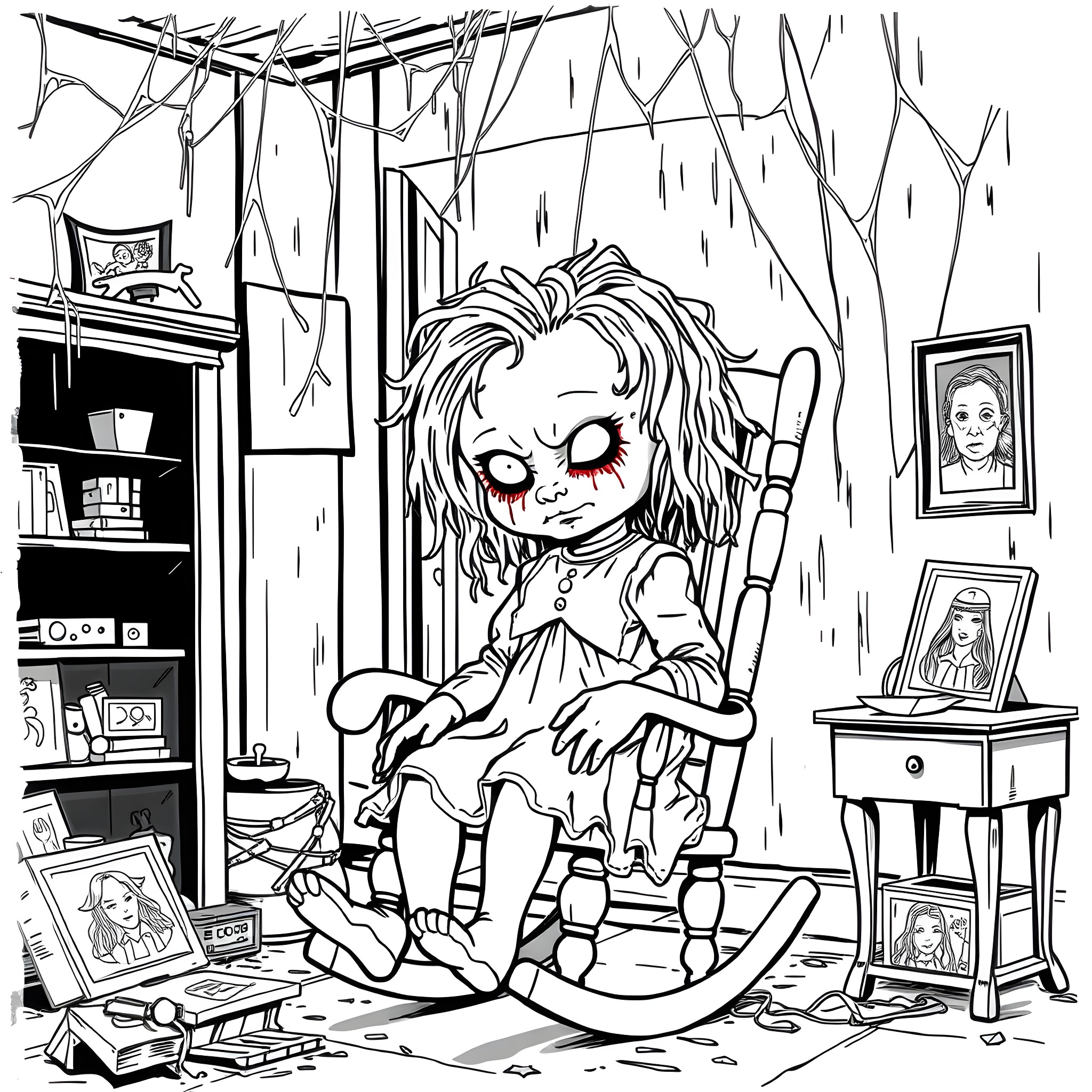 Doll with haunting appearance in abandoned room Coloring Page (free black-and-white line drawing printable PDF for all, from beginners to advanced learners, including children, teens, adults, and seniors)