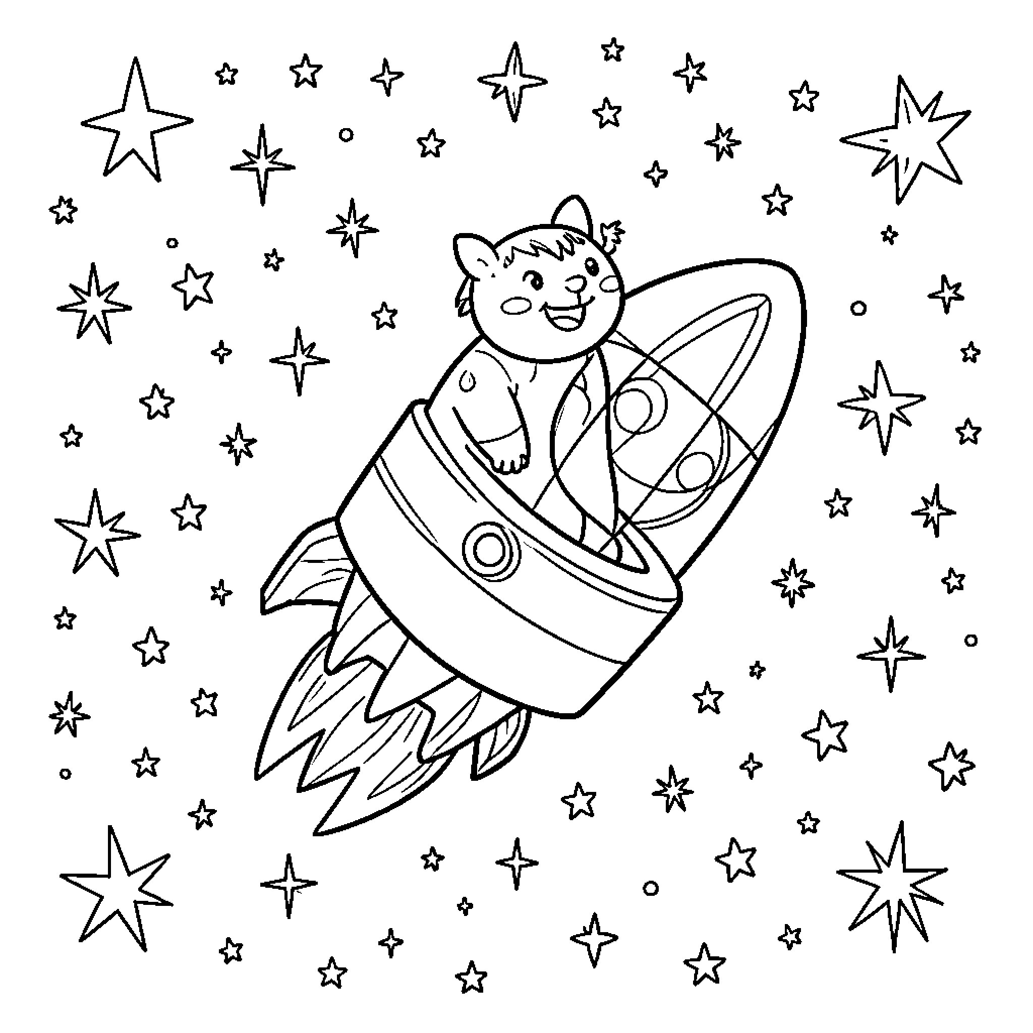 Gary's Interstellar Adventure with Rocket Ship Coloring Page (free black-and-white line drawing printable PDF for all, from beginners to advanced learners, including children, teens, adults, and seniors)