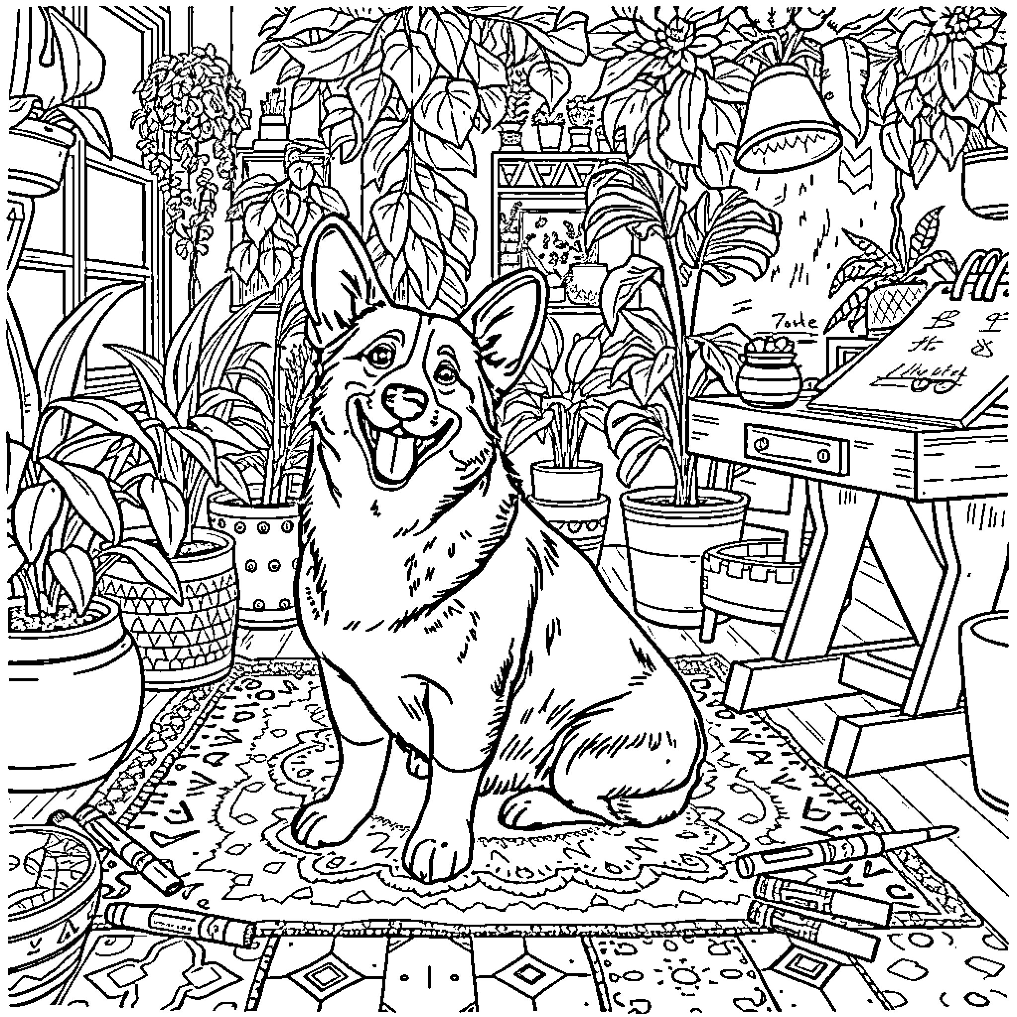 Corgi enjoying cozy indoor garden scene Coloring Page (free black-and-white line drawing printable PDF for all, from beginners to advanced learners, including children, teens, adults, and seniors)