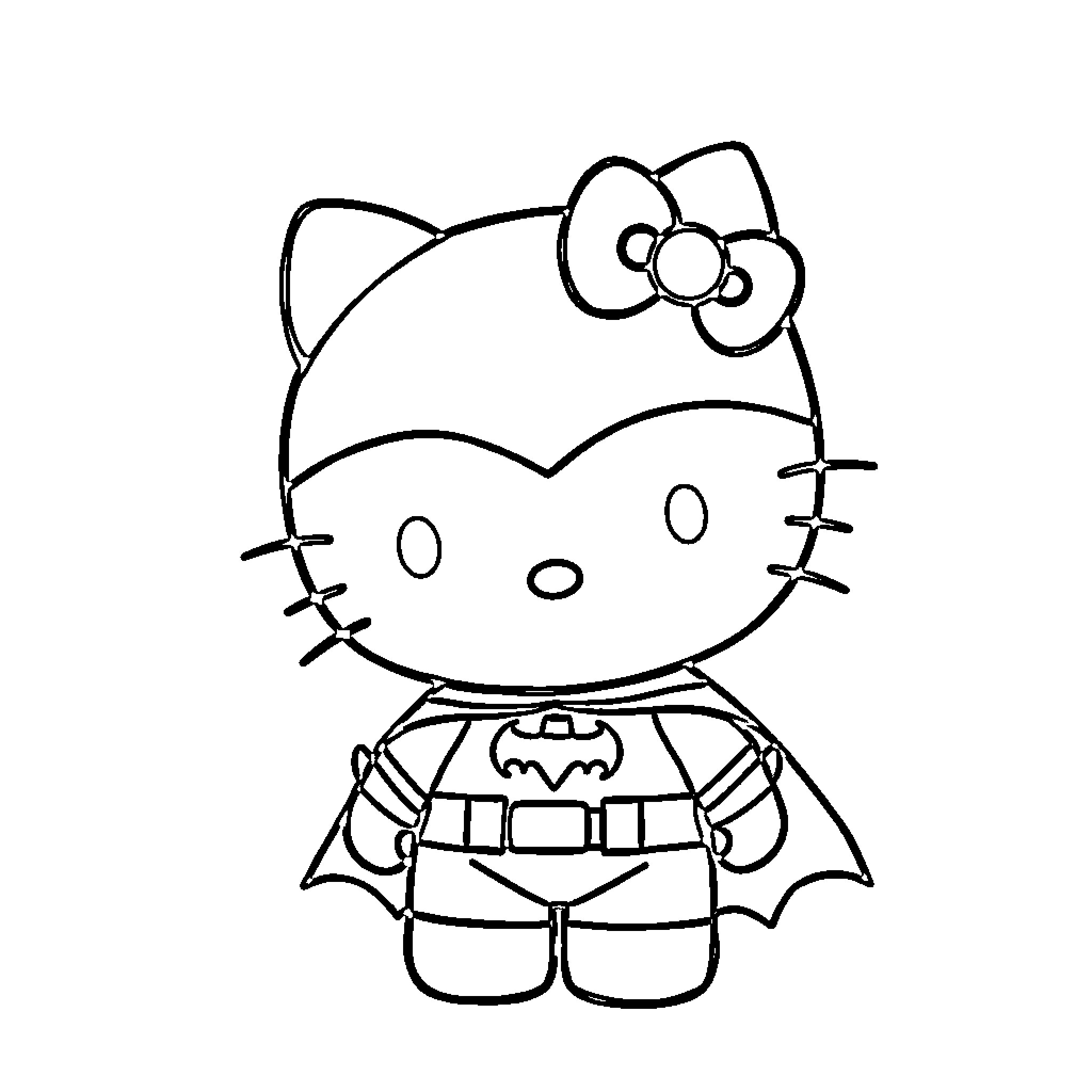 Hello Kitty dressed as a superhero Coloring Page (free black-and-white line drawing printable PDF for all, from beginners to advanced learners, including children, teens, adults, and seniors)