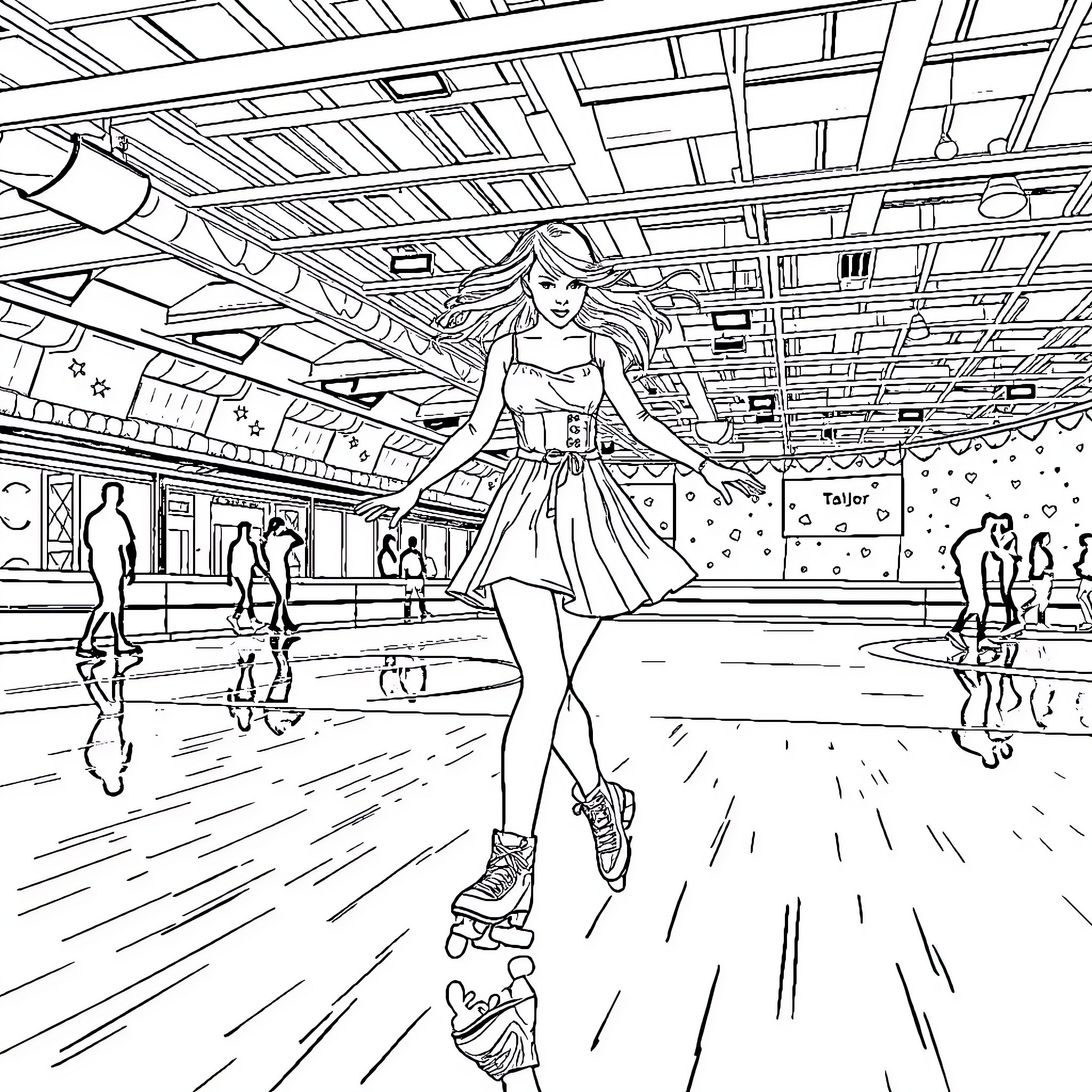 Taylor Swift skating gracefully in a festive arena Coloring Page (free black-and-white line drawing printable PDF for all, from beginners to advanced learners, including children, teens, adults, and seniors)