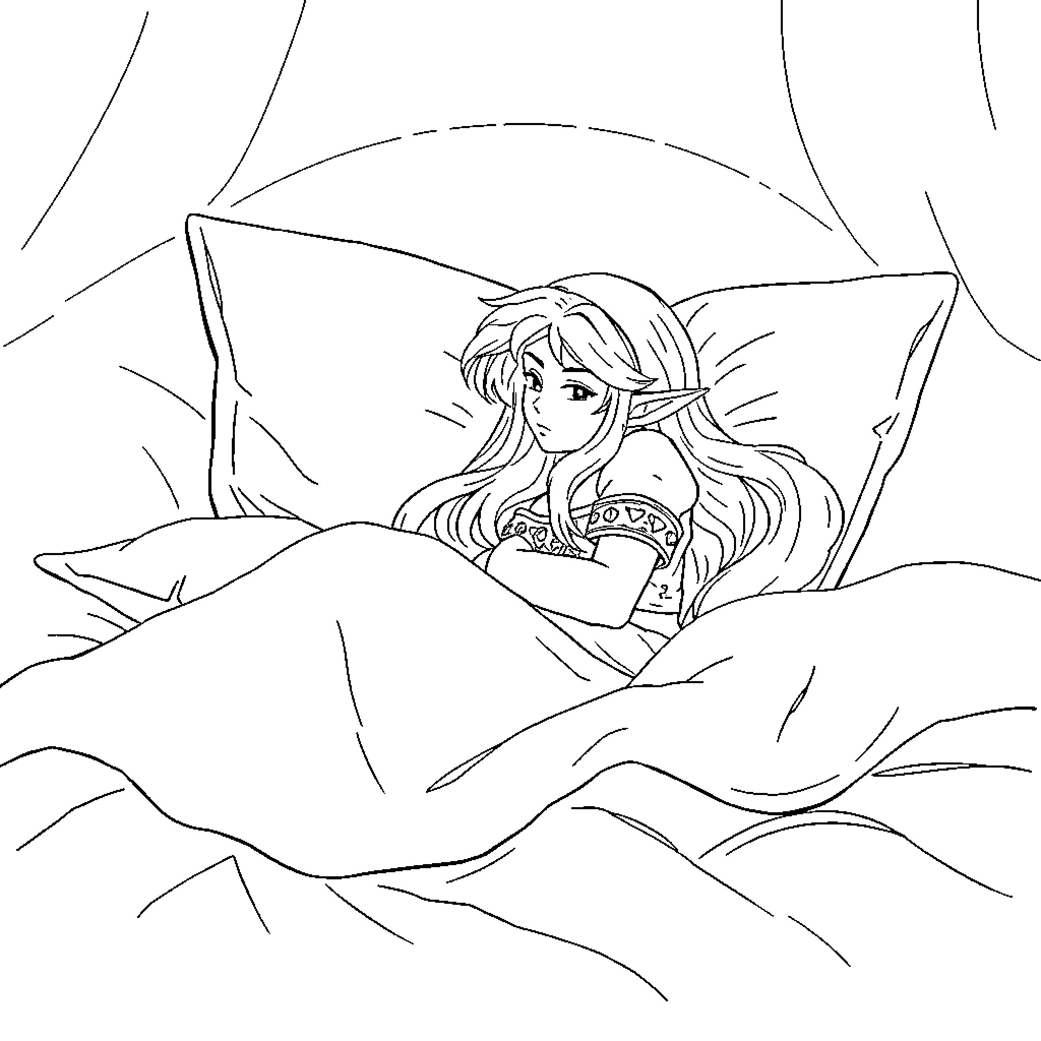 Princess Zelda resting on a bed amidst a stormy landscape Coloring Page (free black-and-white line drawing printable PDF for all, from beginners to advanced learners, including children, teens, adults, and seniors)