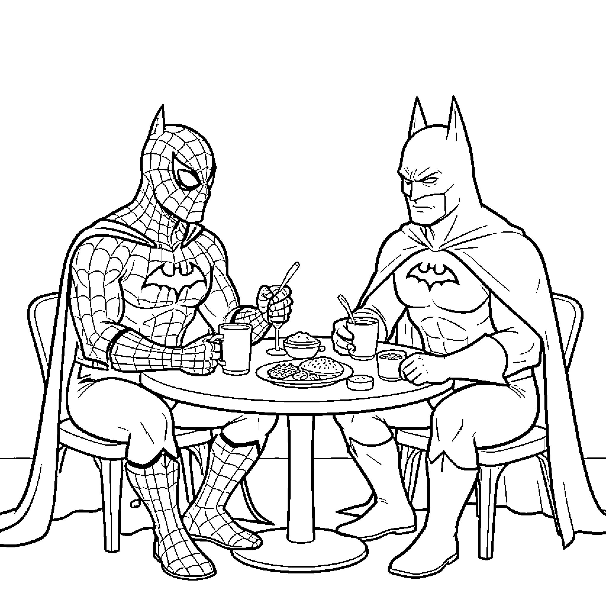Spiderman and Batman sitting together having a meal Coloring Page (free black-and-white line drawing printable PDF for all, from beginners to advanced learners, including children, teens, adults, and seniors)
