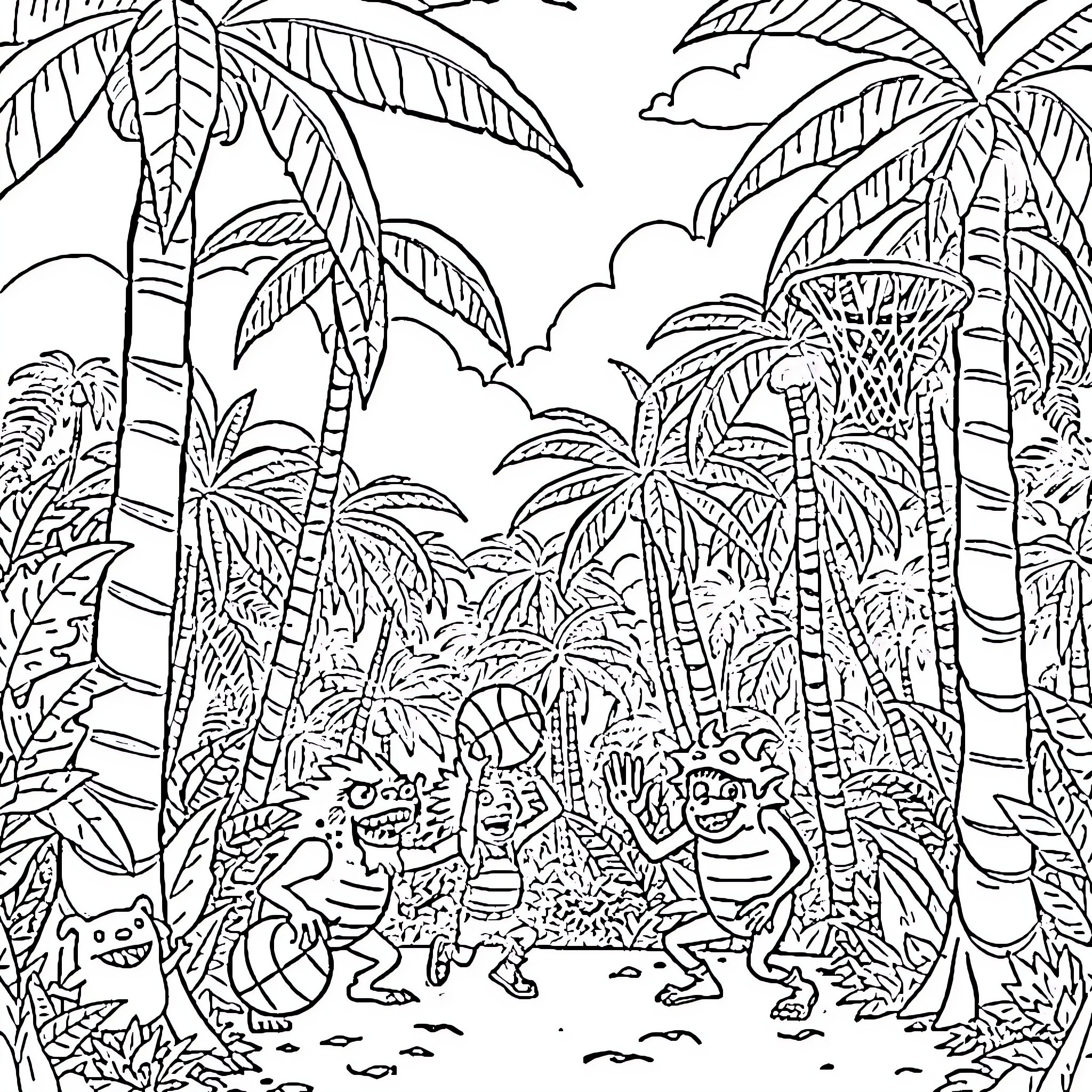 Monster Island with Tropical Foliage and Creatures Coloring Page (free black-and-white line drawing printable PDF for all, from beginners to advanced learners, including children, teens, adults, and seniors)