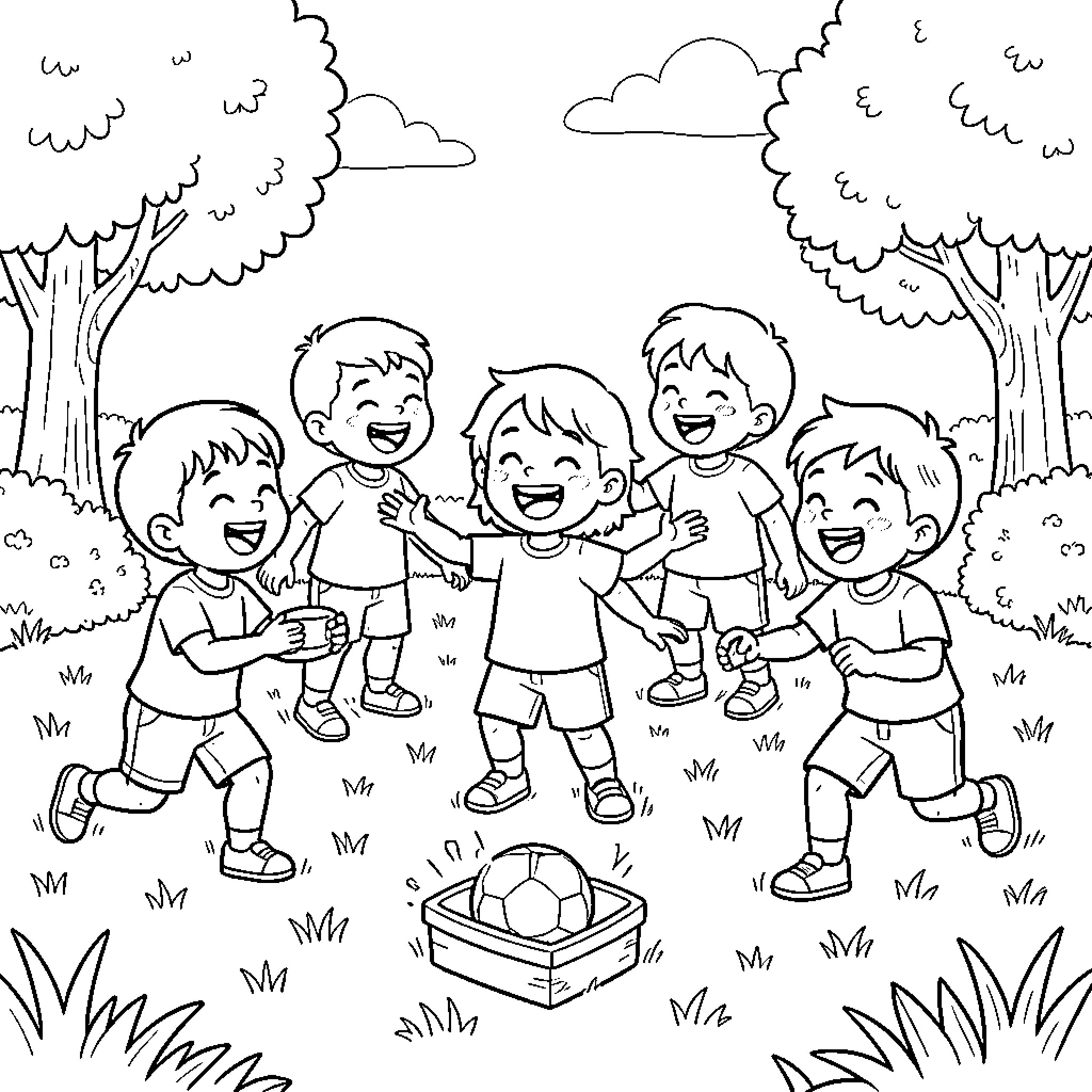 Enfant playing soccer happily with friends in a park Coloring Page (free black-and-white line drawing printable PDF for all, from beginners to advanced learners, including children, teens, adults, and seniors)