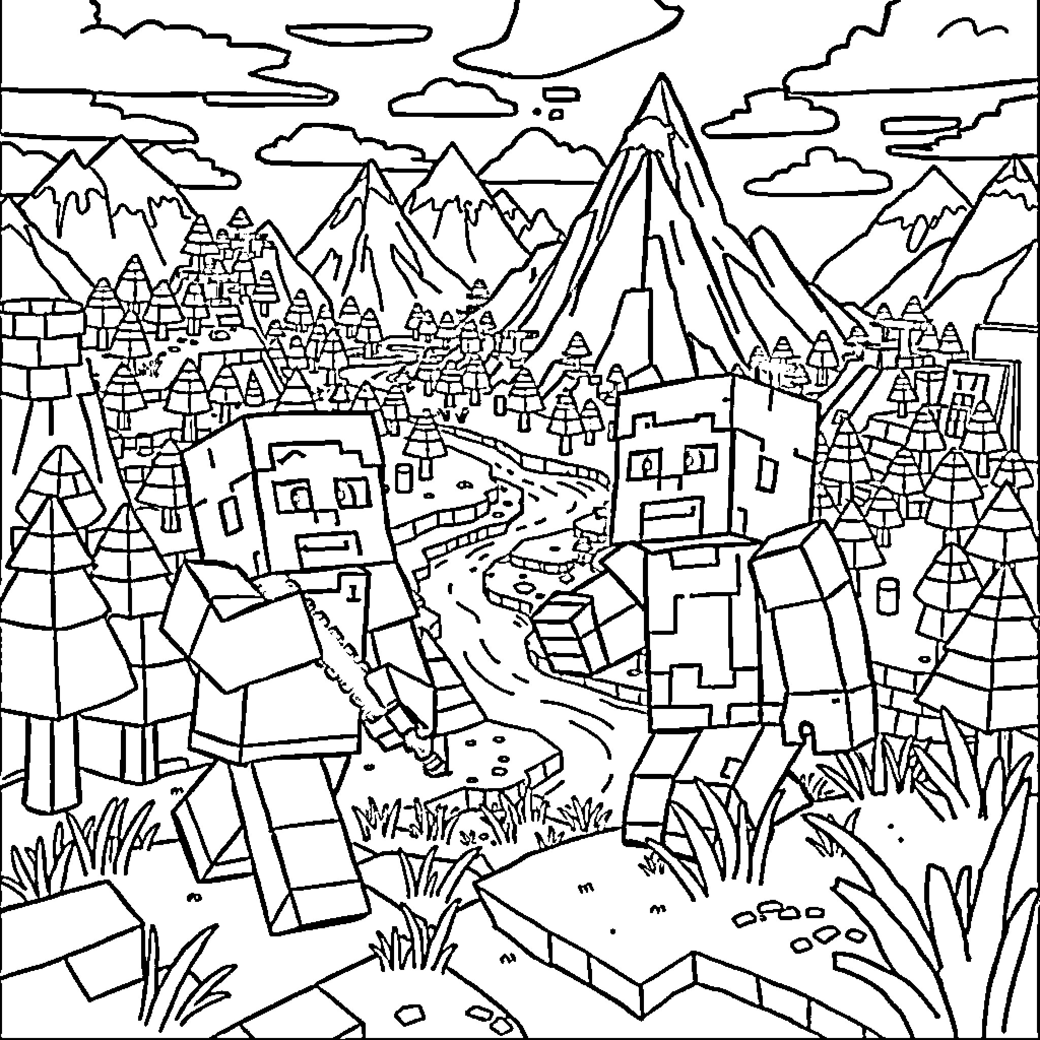Minecraft Character Exploring a Mountainous Landscape Coloring Page (free black-and-white line drawing printable PDF for all, from beginners to advanced learners, including children, teens, adults, and seniors)