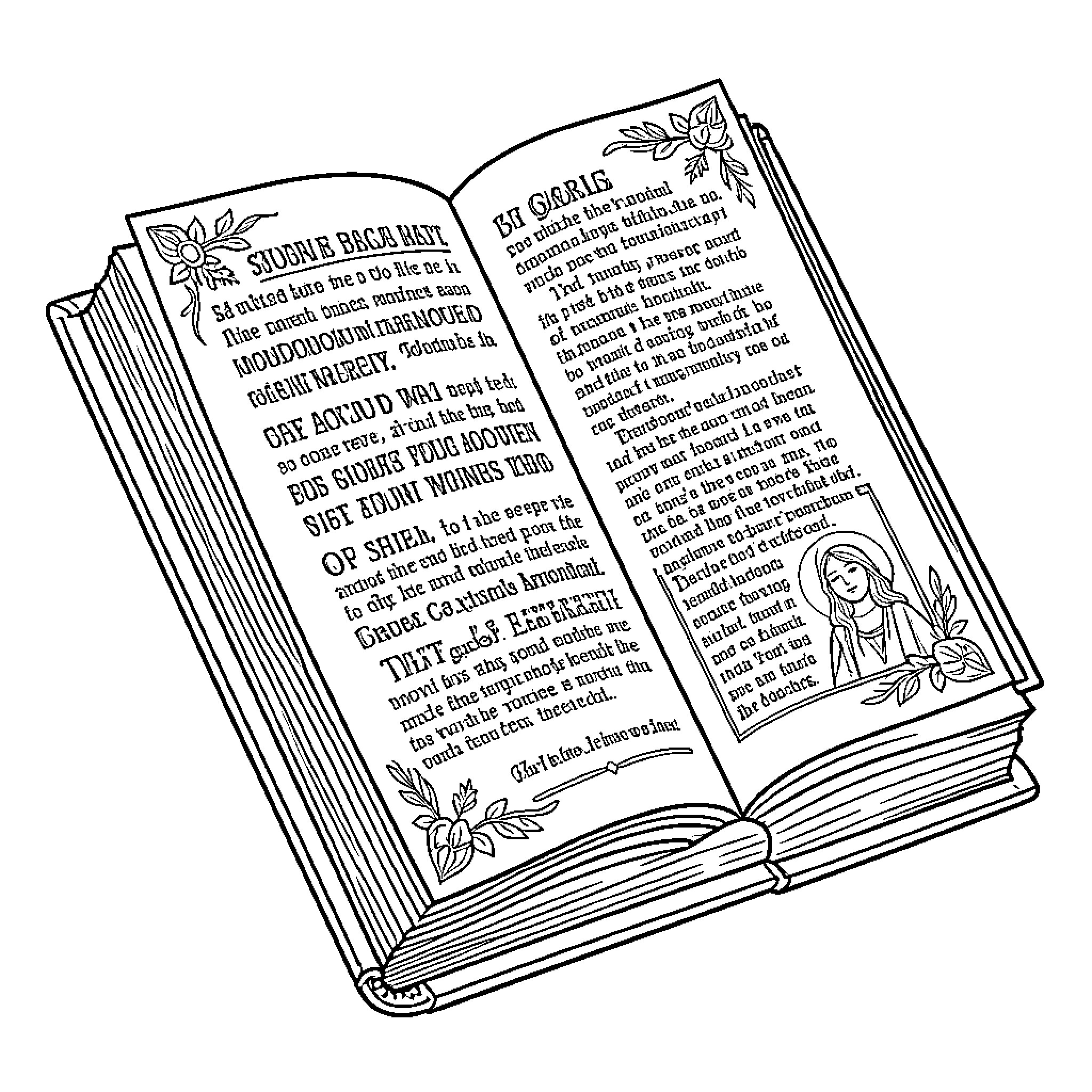 Bible with an illustration of a praying woman Coloring Page (free black-and-white line drawing printable PDF for all, from beginners to advanced learners, including children, teens, adults, and seniors)