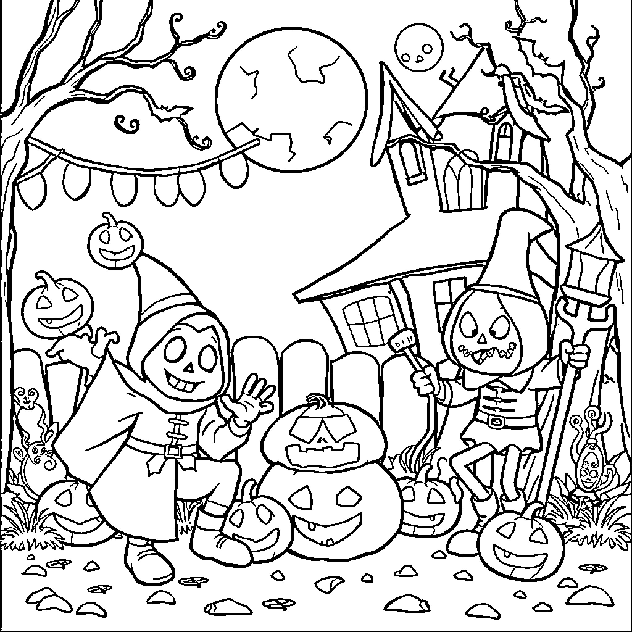 Halloween Spooky Scene with Costumed Characters Coloring Page (free black-and-white line drawing printable PDF for all, from beginners to advanced learners, including children, teens, adults, and seniors)