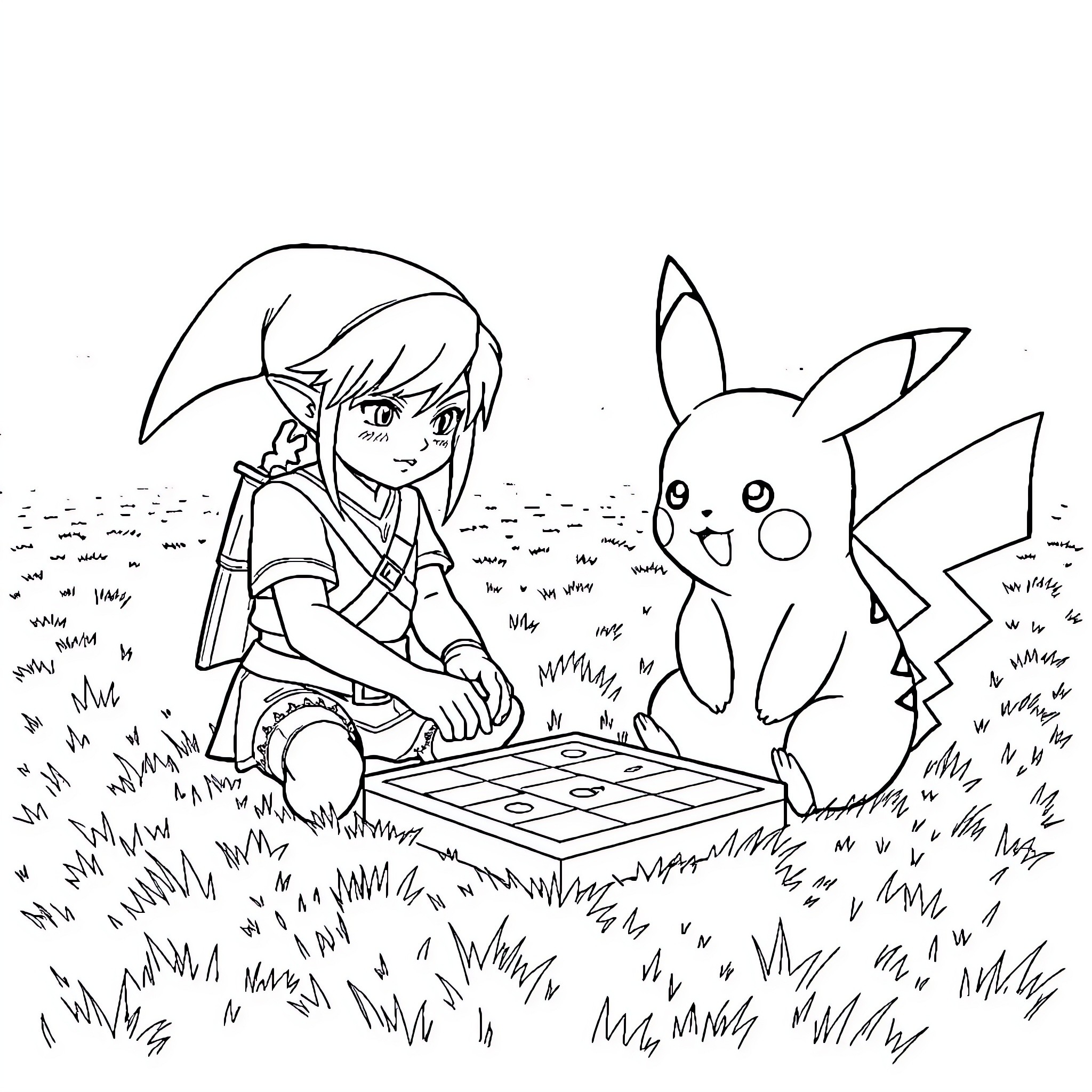Pikachu playing checkers with a young trainer Coloring Page (free black-and-white line drawing printable PDF for all, from beginners to advanced learners, including children, teens, adults, and seniors)