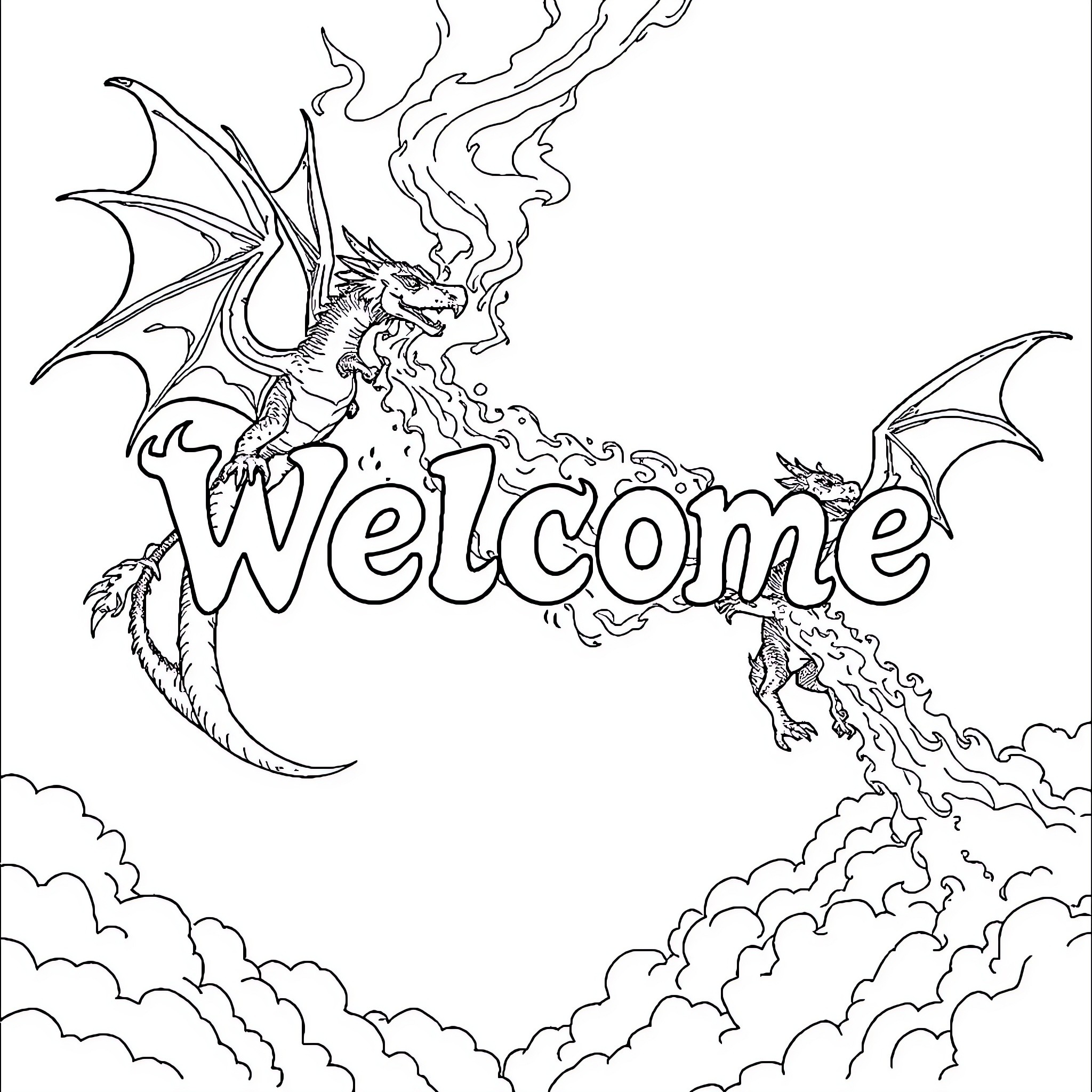 Dragon breathing fire to welcome guests Coloring Page (free black-and-white line drawing printable PDF for all, from beginners to advanced learners, including children, teens, adults, and seniors)