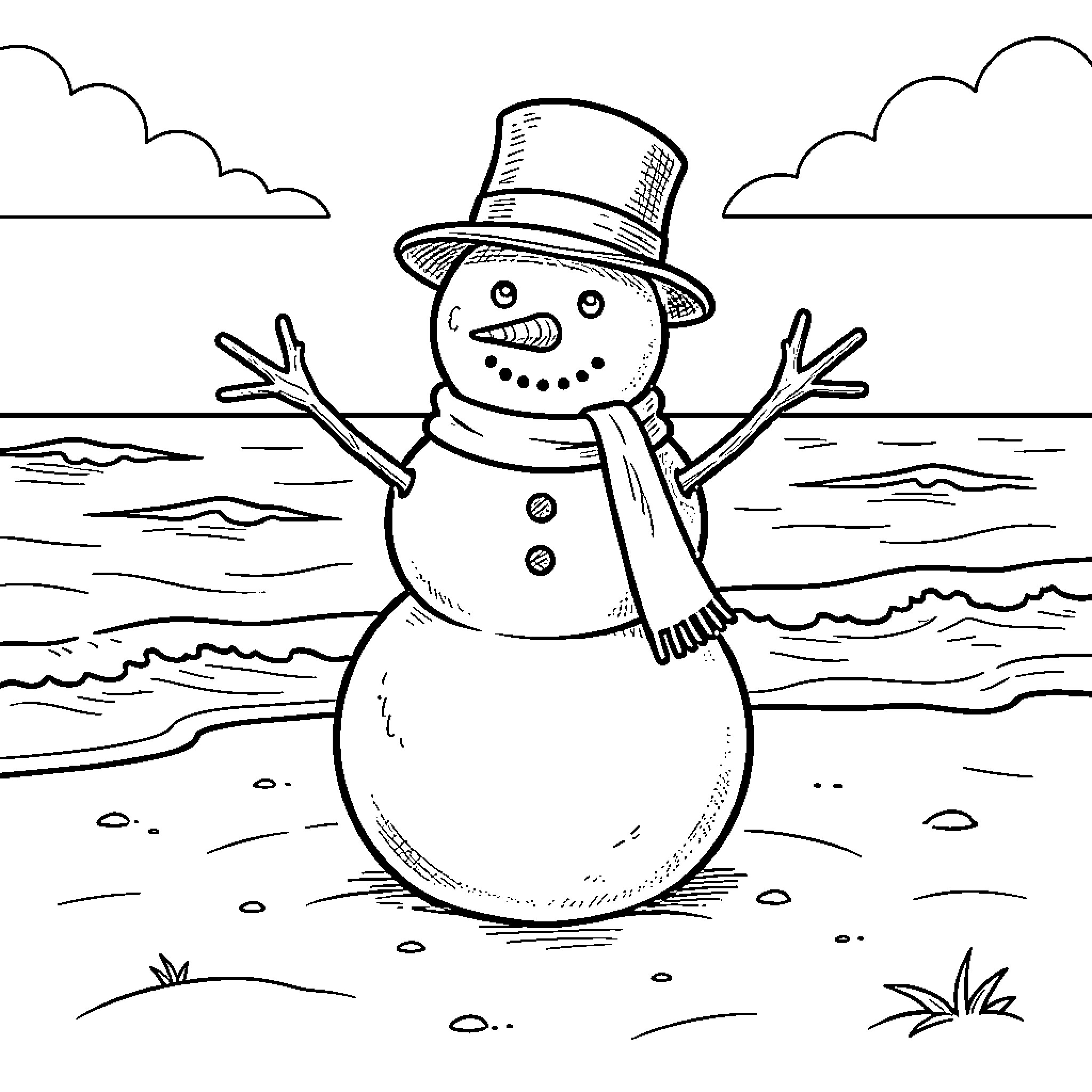 Snowman wearing a hat and scarf by the sea Coloring Page (free black-and-white line drawing printable PDF for all, from beginners to advanced learners, including children, teens, adults, and seniors)