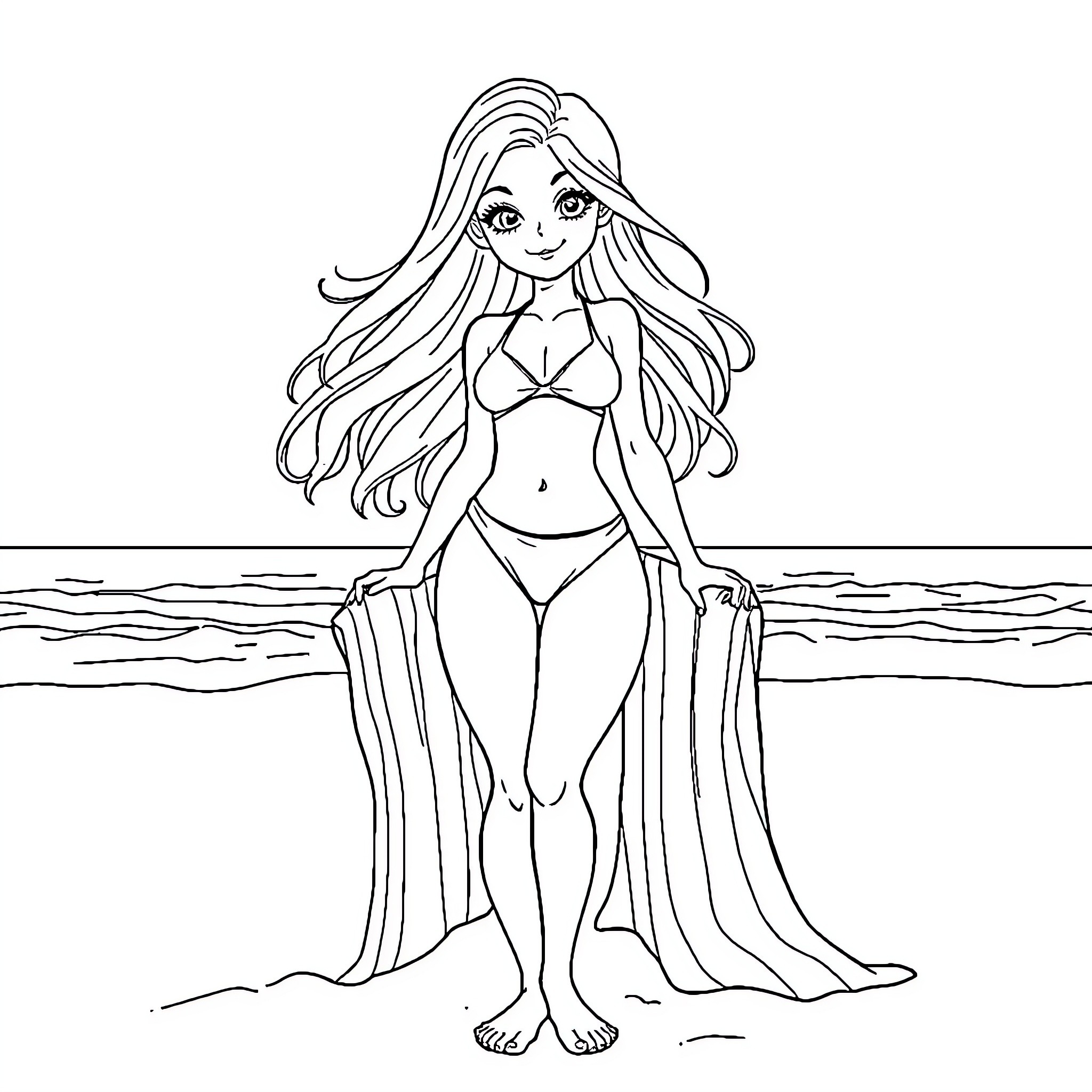 Girl in Swimwear Posing on the Beach Coloring Page (free black-and-white line drawing printable PDF for all, from beginners to advanced learners, including children, teens, adults, and seniors)