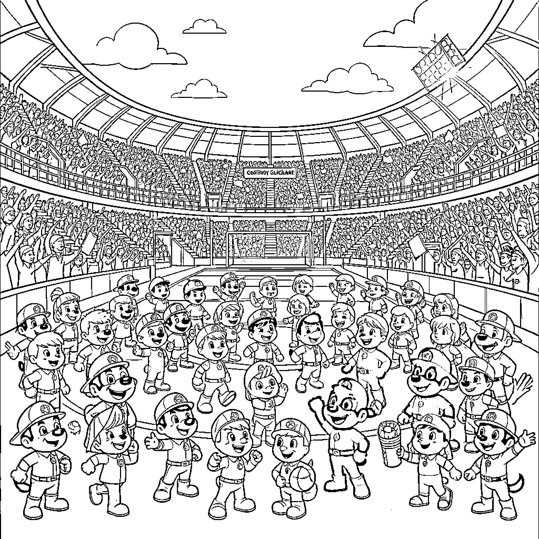 Pat Patrouille: Cheerful Characters at the Stadium Coloring Page (free black-and-white line drawing printable PDF for all, from beginners to advanced learners, including children, teens, adults, and seniors)