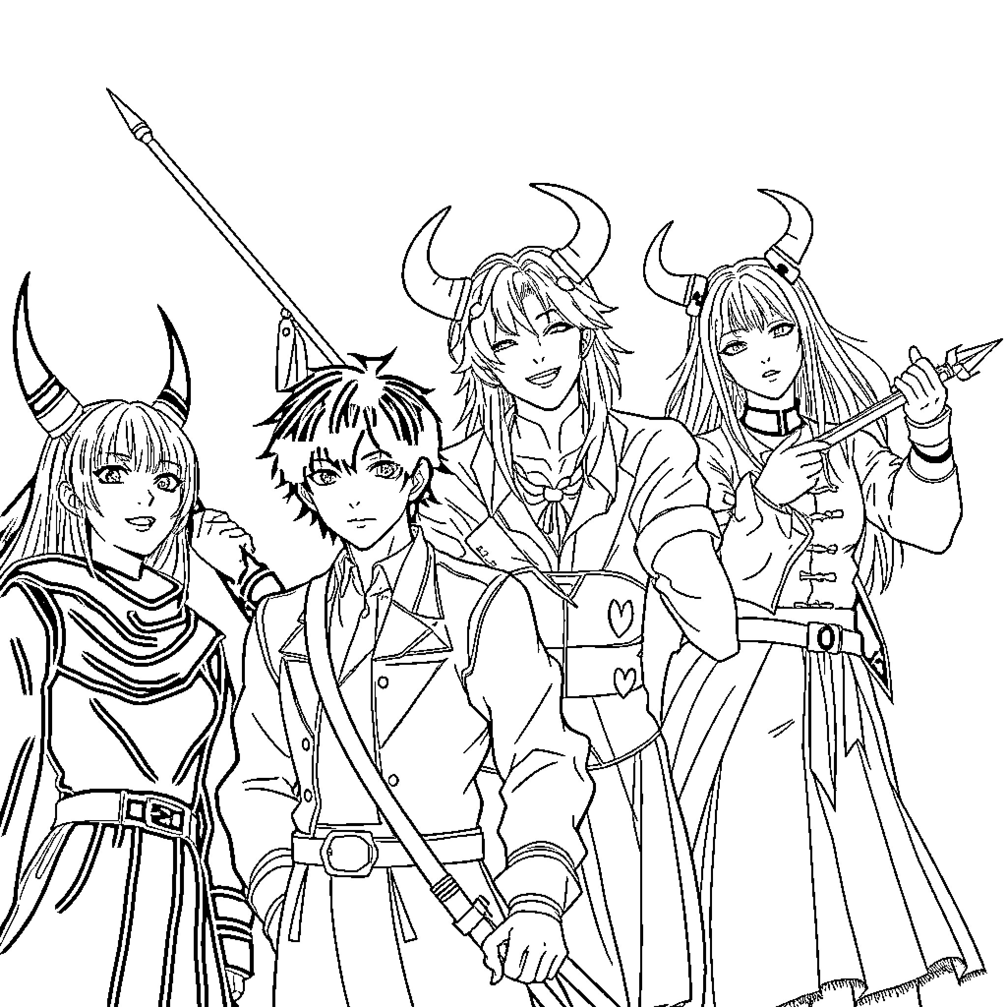 Demon Hunter Group Posing in Fierce Attire Coloring Page (free black-and-white line drawing printable PDF for all, from beginners to advanced learners, including children, teens, adults, and seniors)